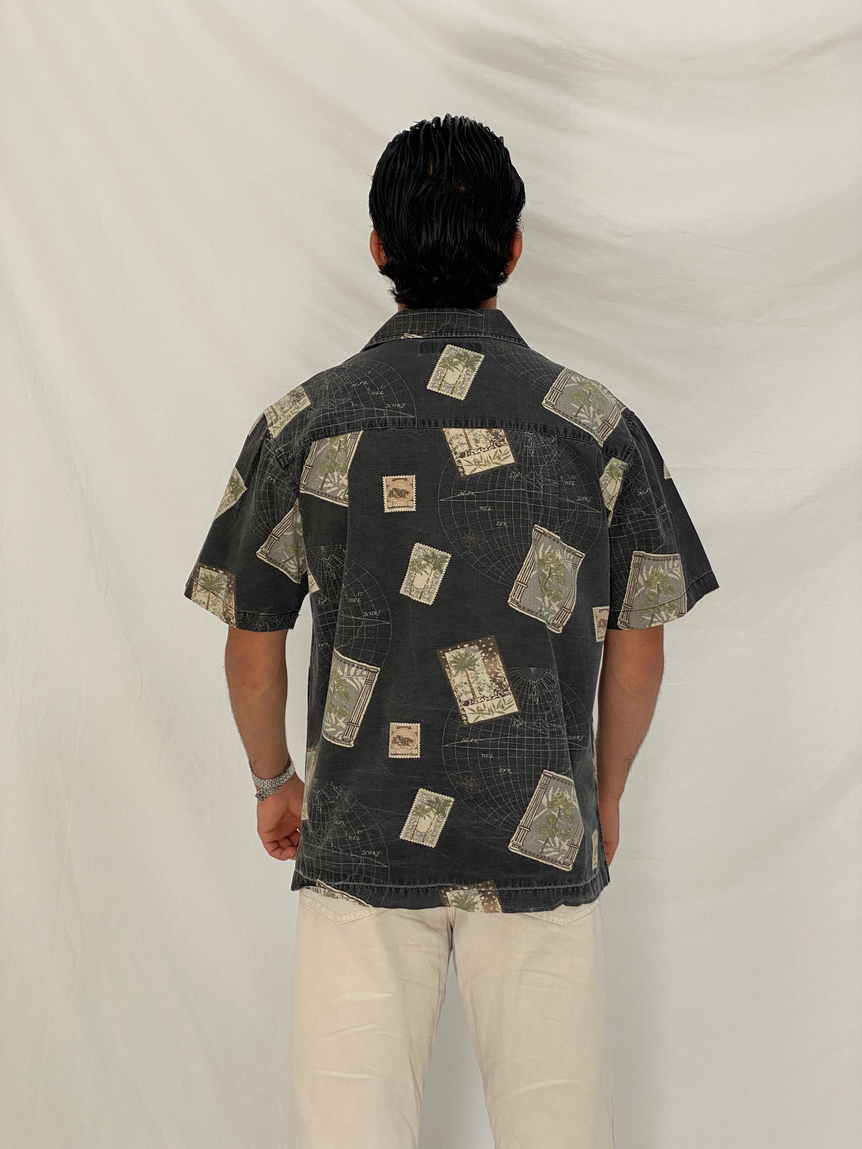 Vintage Joe Marlin Tropical Postcard Print Cotton Rayon Camp Shirt – M