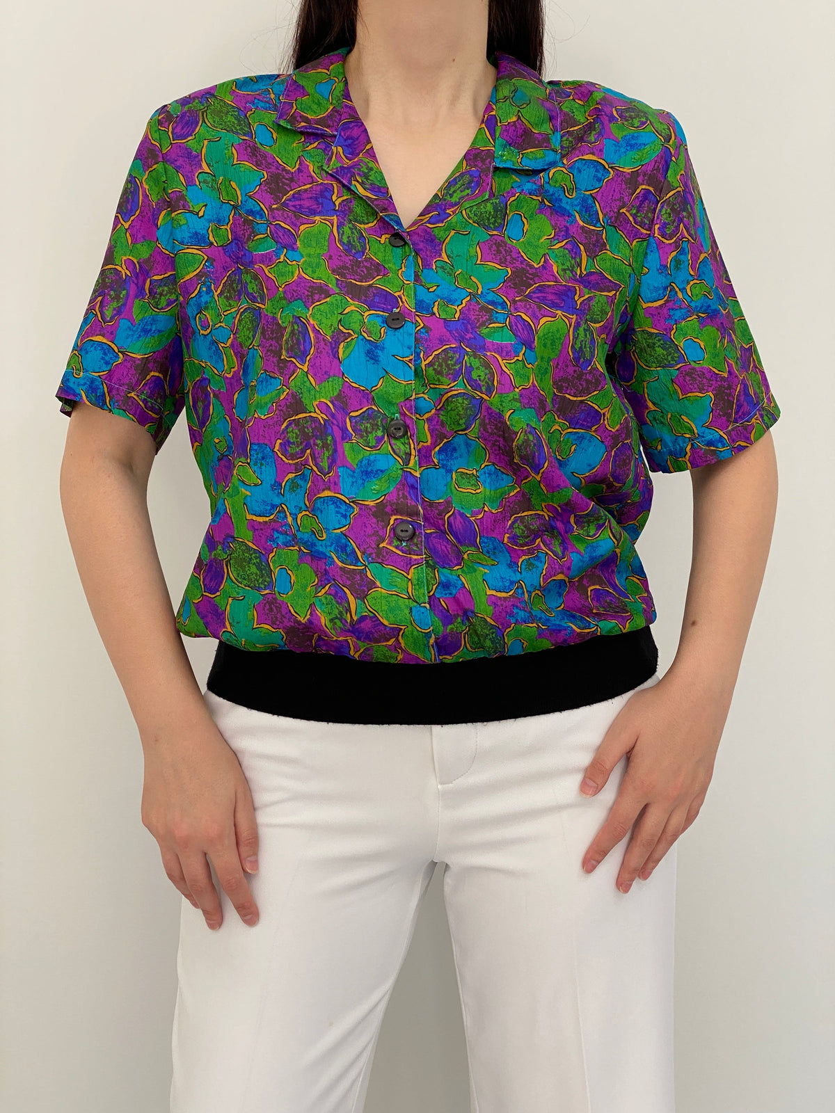 Vintage 80s Gianna Jewel Tone Floral Print Short Sleeve Blouse - M