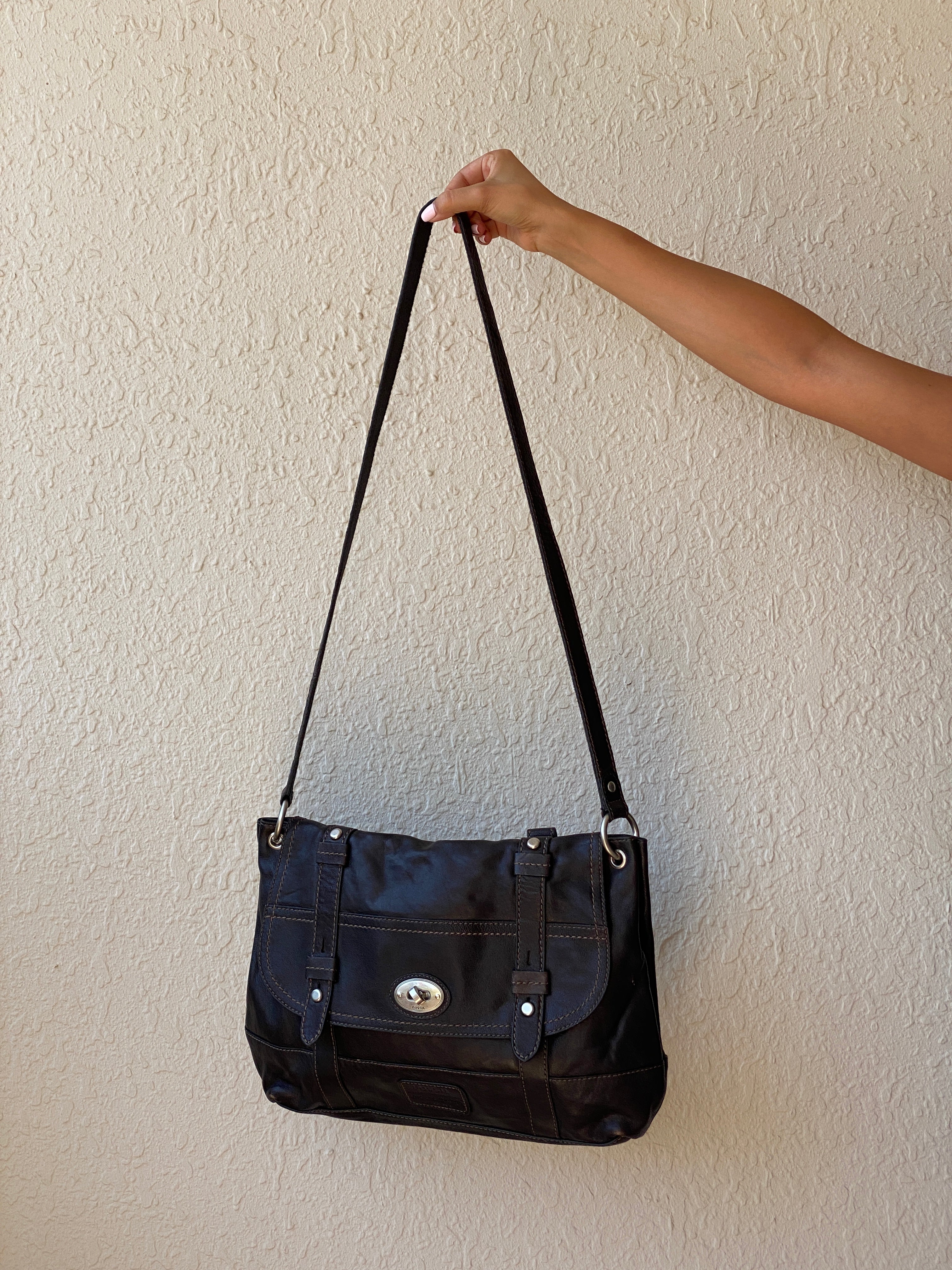 Vintage Y2K Fossil Long Live Vintage Black Distressed Leather Convertible Satchel Crossbody Bag