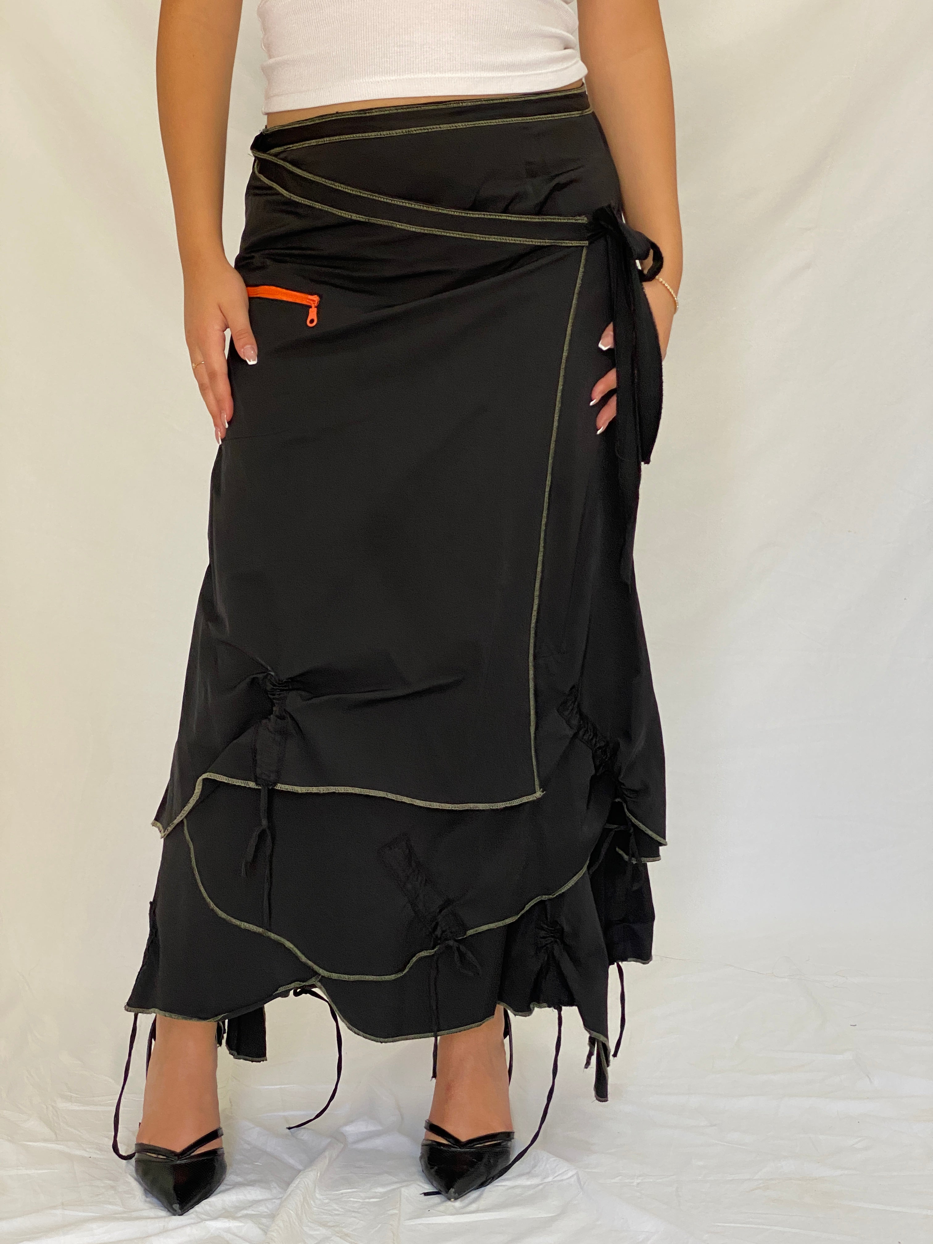 Vintage Y2K TLTN Tolentino Black Utility Wrap Midi Skirt Cotton - XL