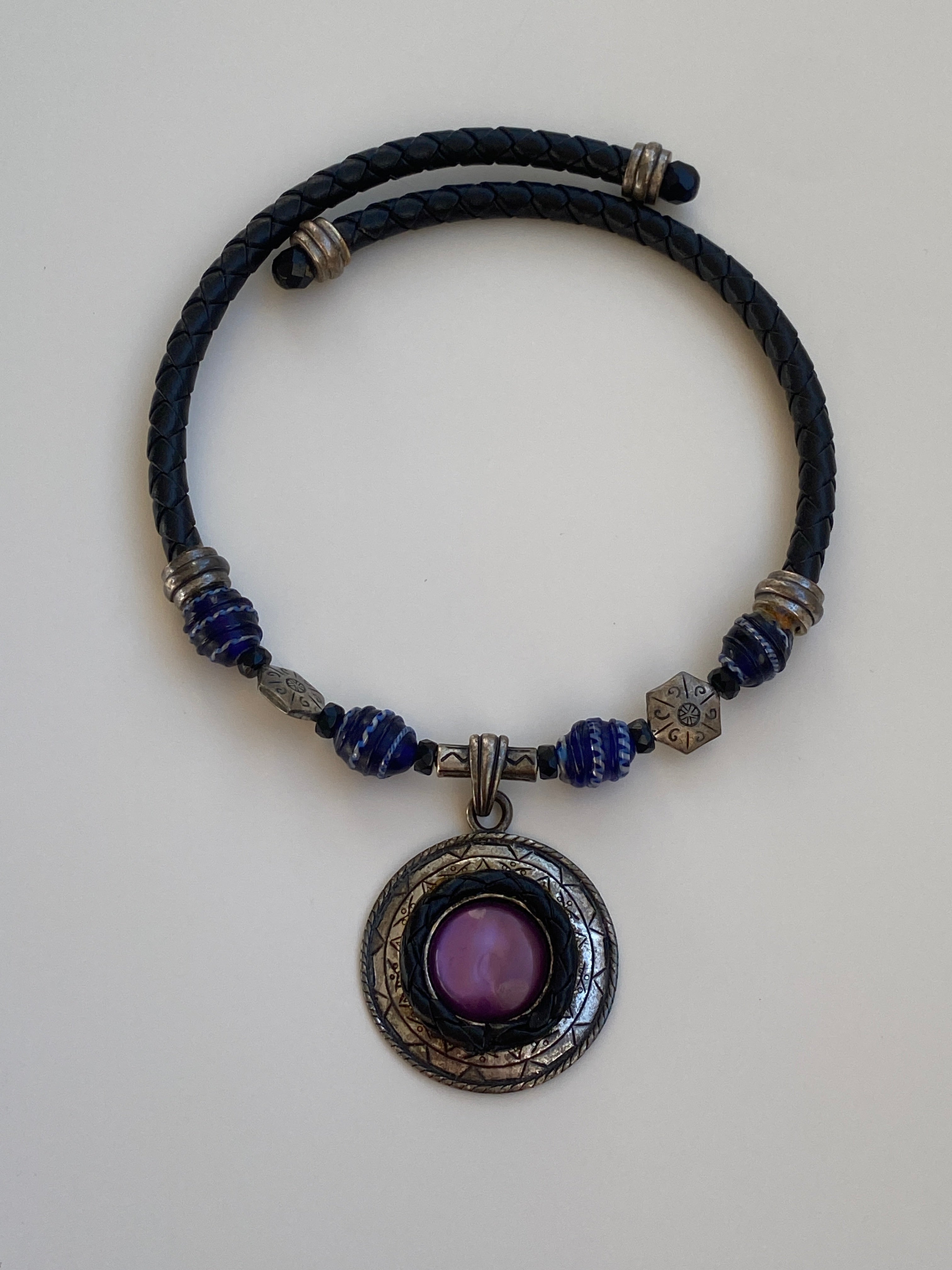 Vintage Chico’s Black Braided Cord Purple Glass Beaded Medallion Choker Necklace