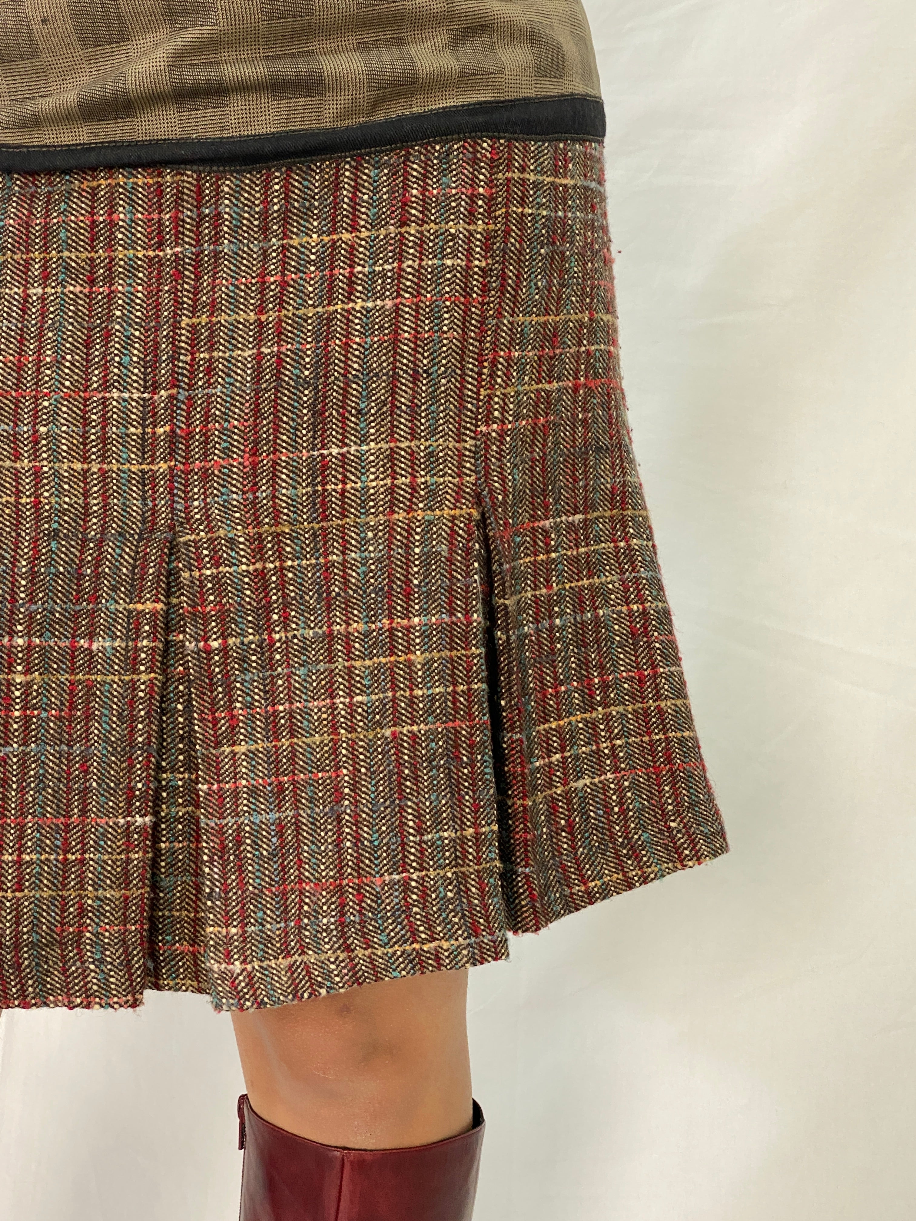 Beautiful Not The Same Red Brown Tweed Pleated Short Belted Skirt - M
