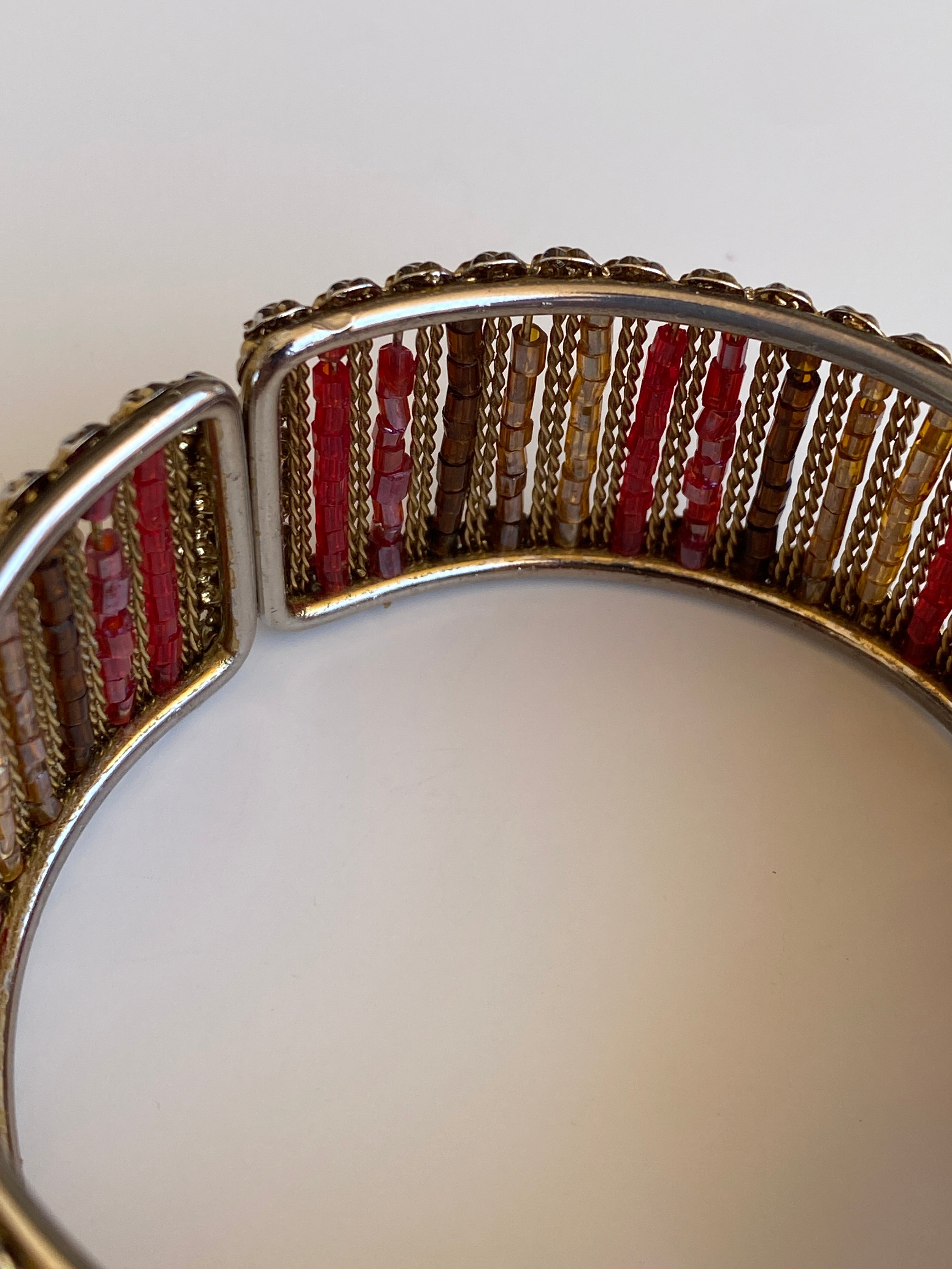 Vintage Gold-Tone Red & Amber Beaded Hinged Cuff Bracelet