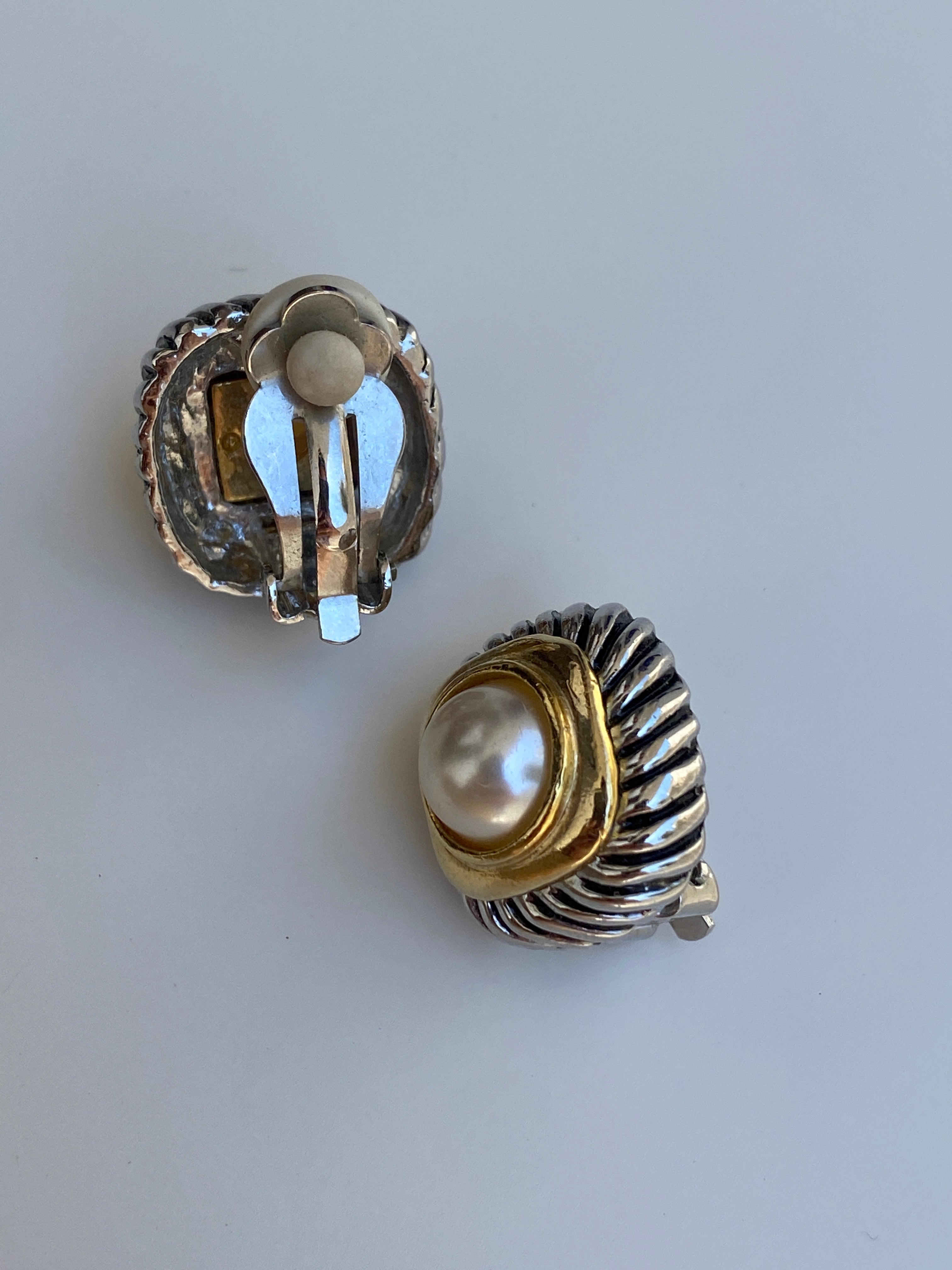 Vintage Two-Tone Faux Pearl Ribbed Clip-On Gold & Silver Earrings