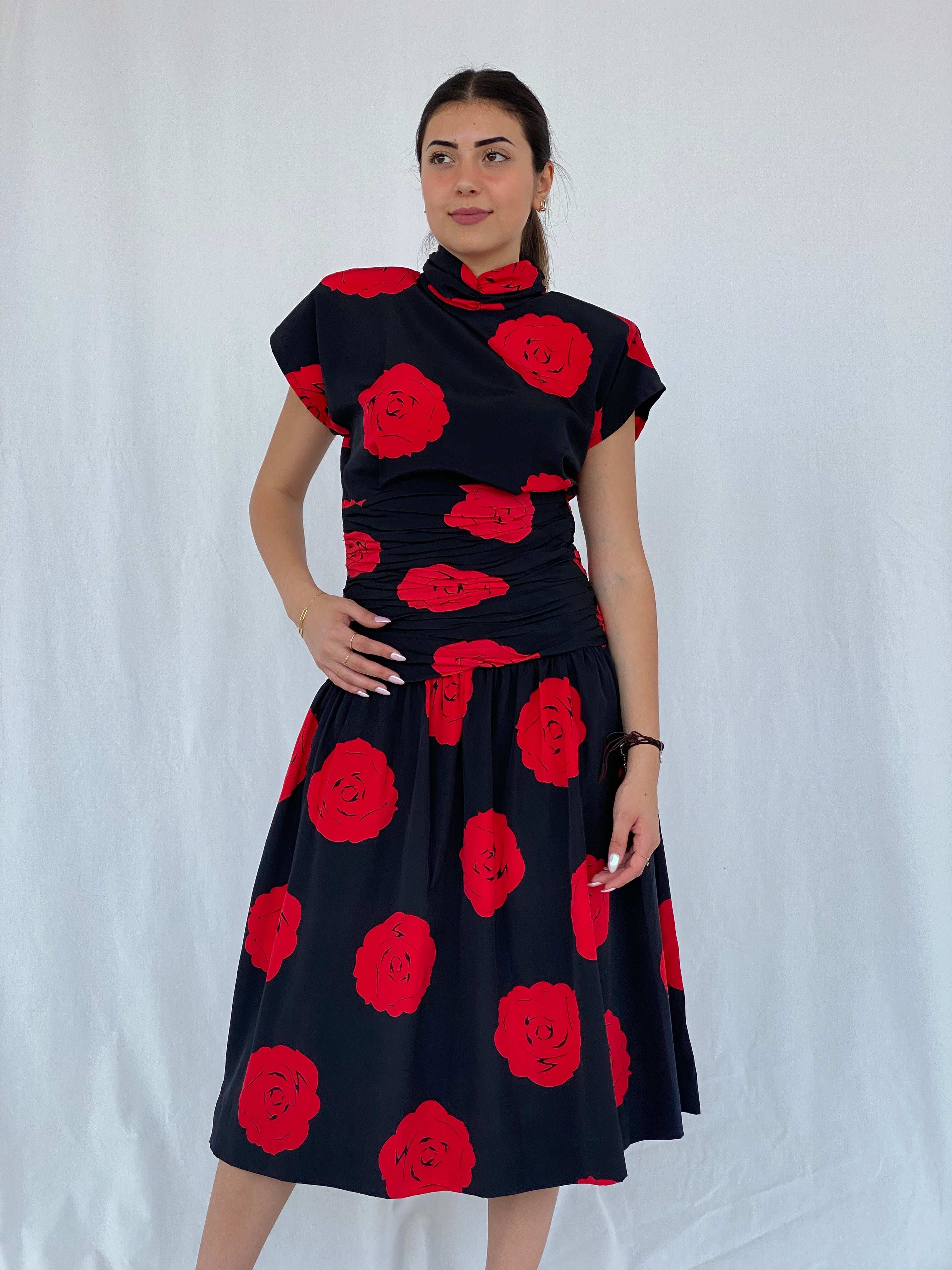 Stunning Vintage 80s Handmade Black Rose Print Midi Party Dress Size M - Balagan Vintage Midi Dress 90s, black dress, dress, floral dress, formal dress, Juana, midi dress, NEW IN