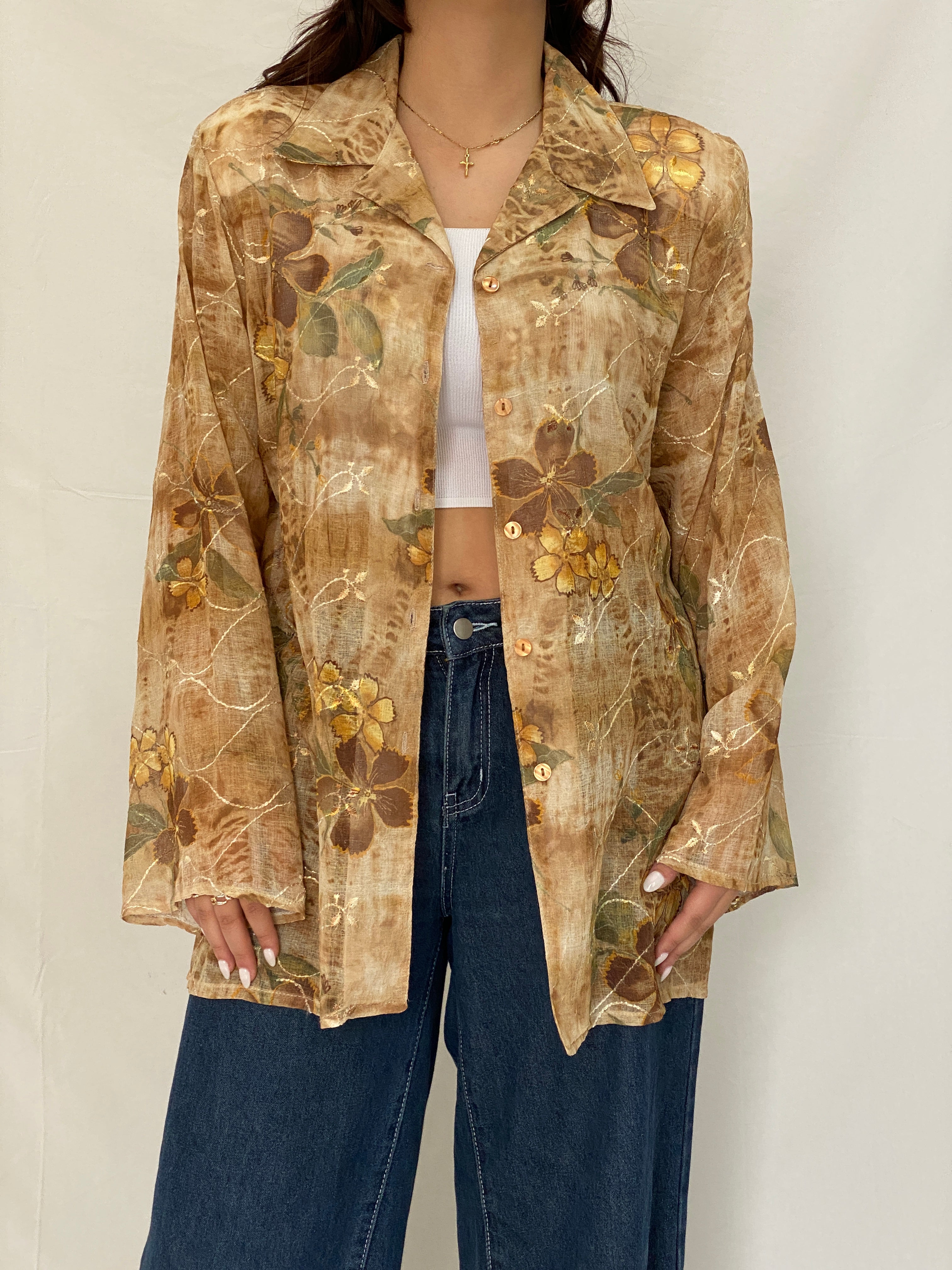 Vintage ARS Collection Sheer Floral Button-Up Shirt – XL