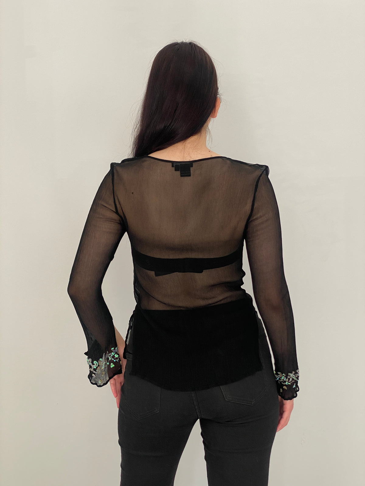 Vintage Venus Black Silk Sheer Sequin Embroidered Blouse – S