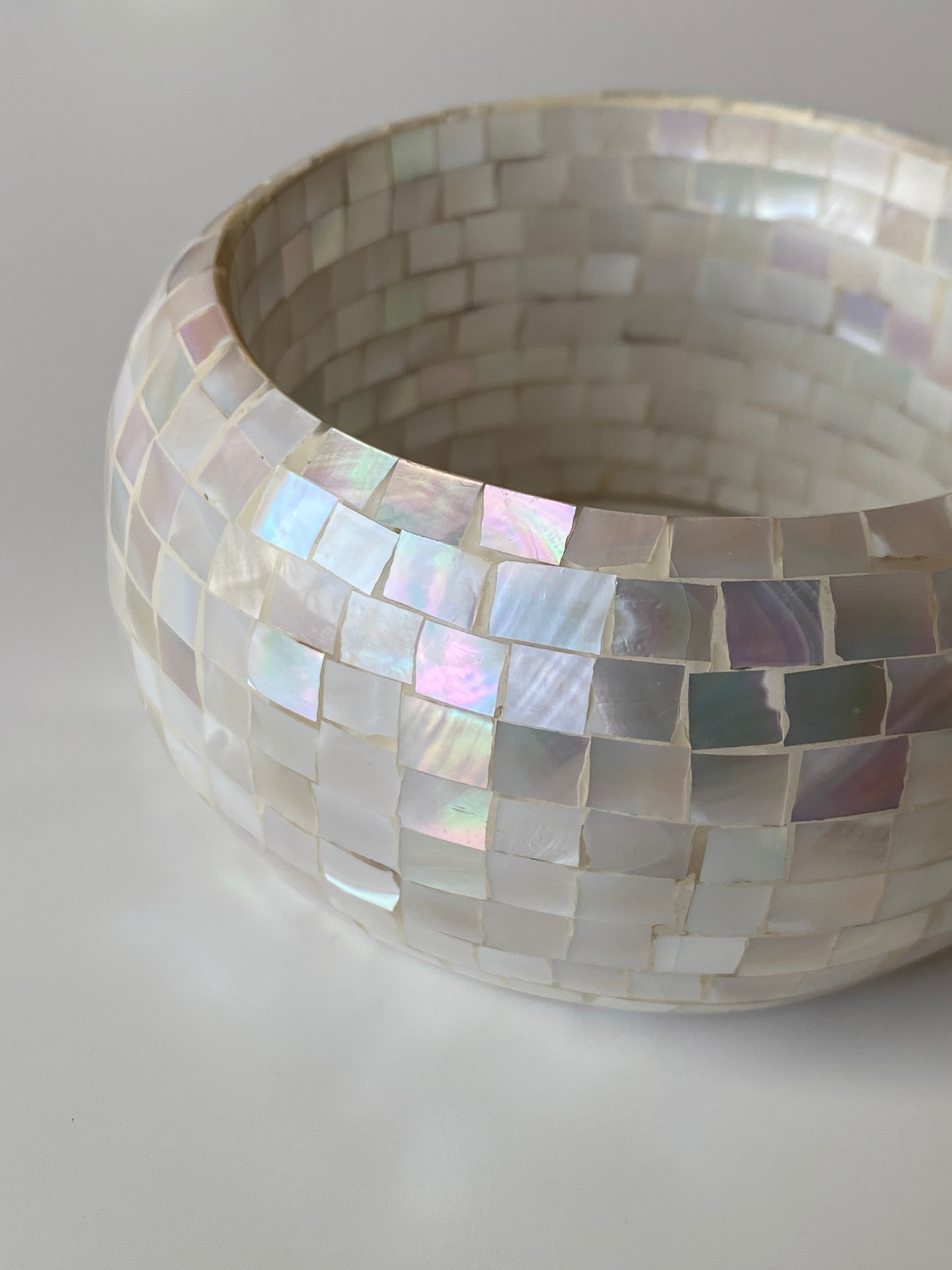 Vintage Mother of Pearl Mosaic Bangle Bracelet Iridescent Shell Inlay Statement Cuff