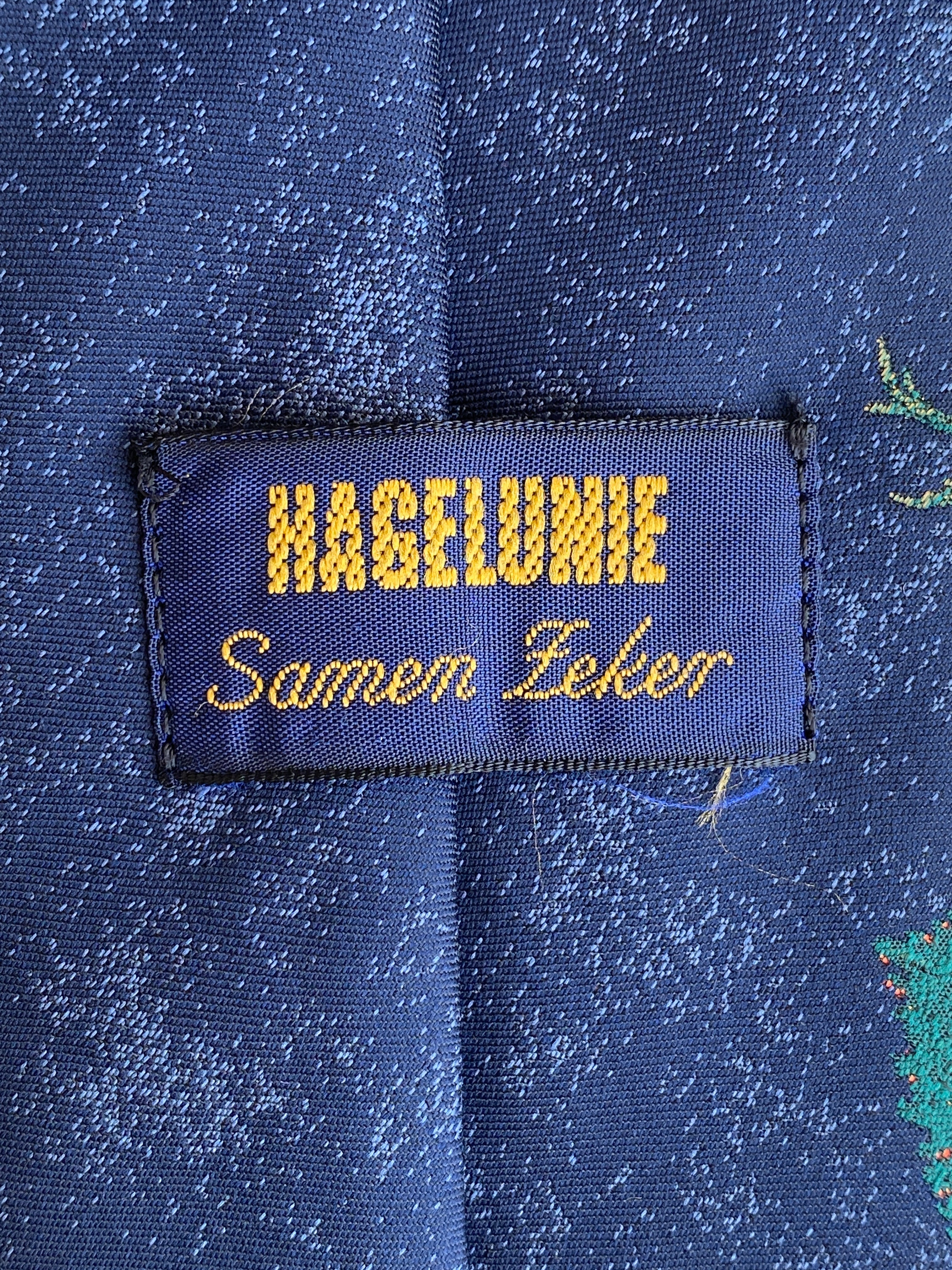 Vintage 1990s Hagelume Samen Zeker Navy Botanical Fruit Print Wide Necktie