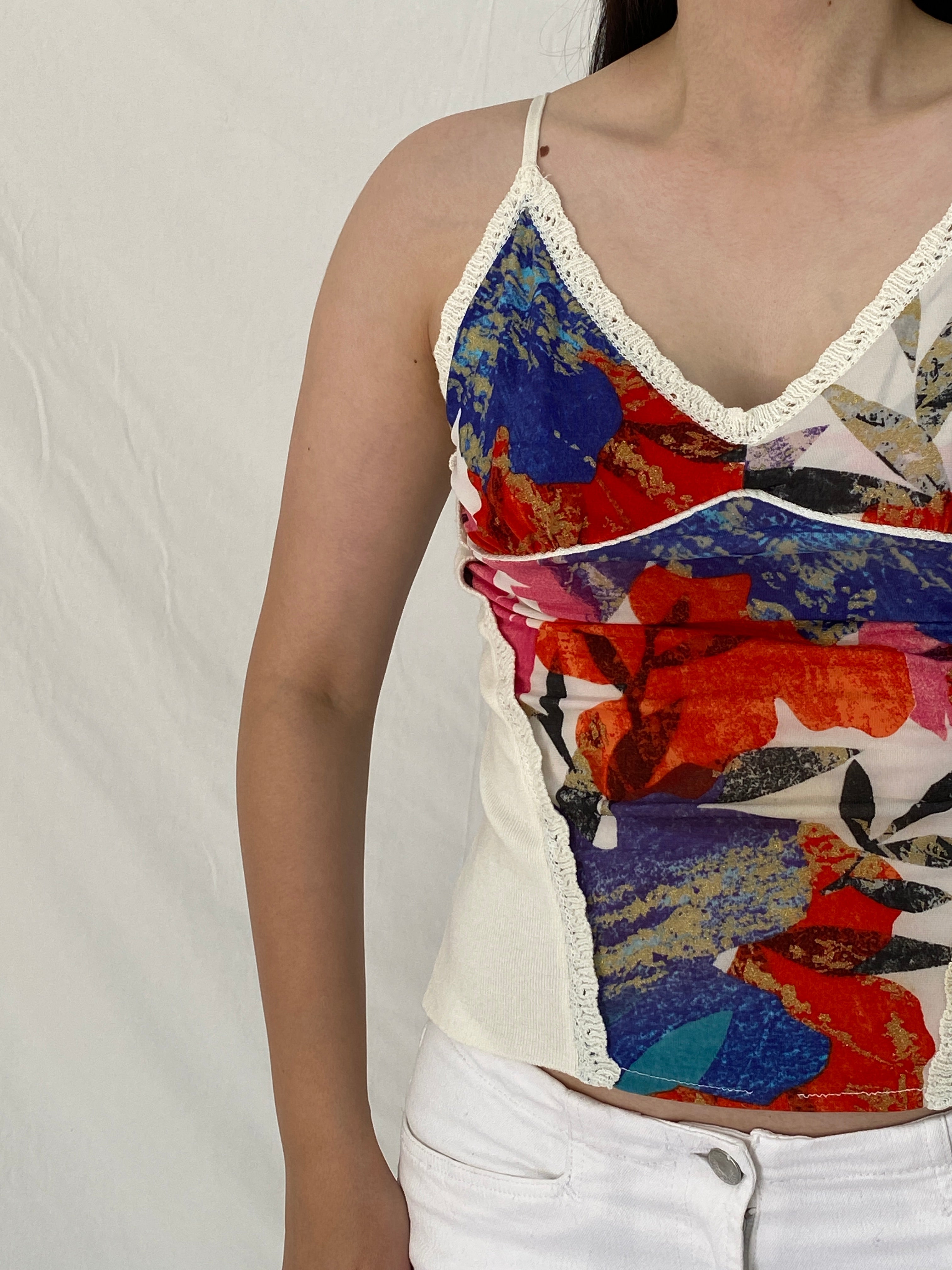 Vintage Y2K Abstract Floral Print Crochet Trim Cami Top Multicolor Knit Panel Cami - M