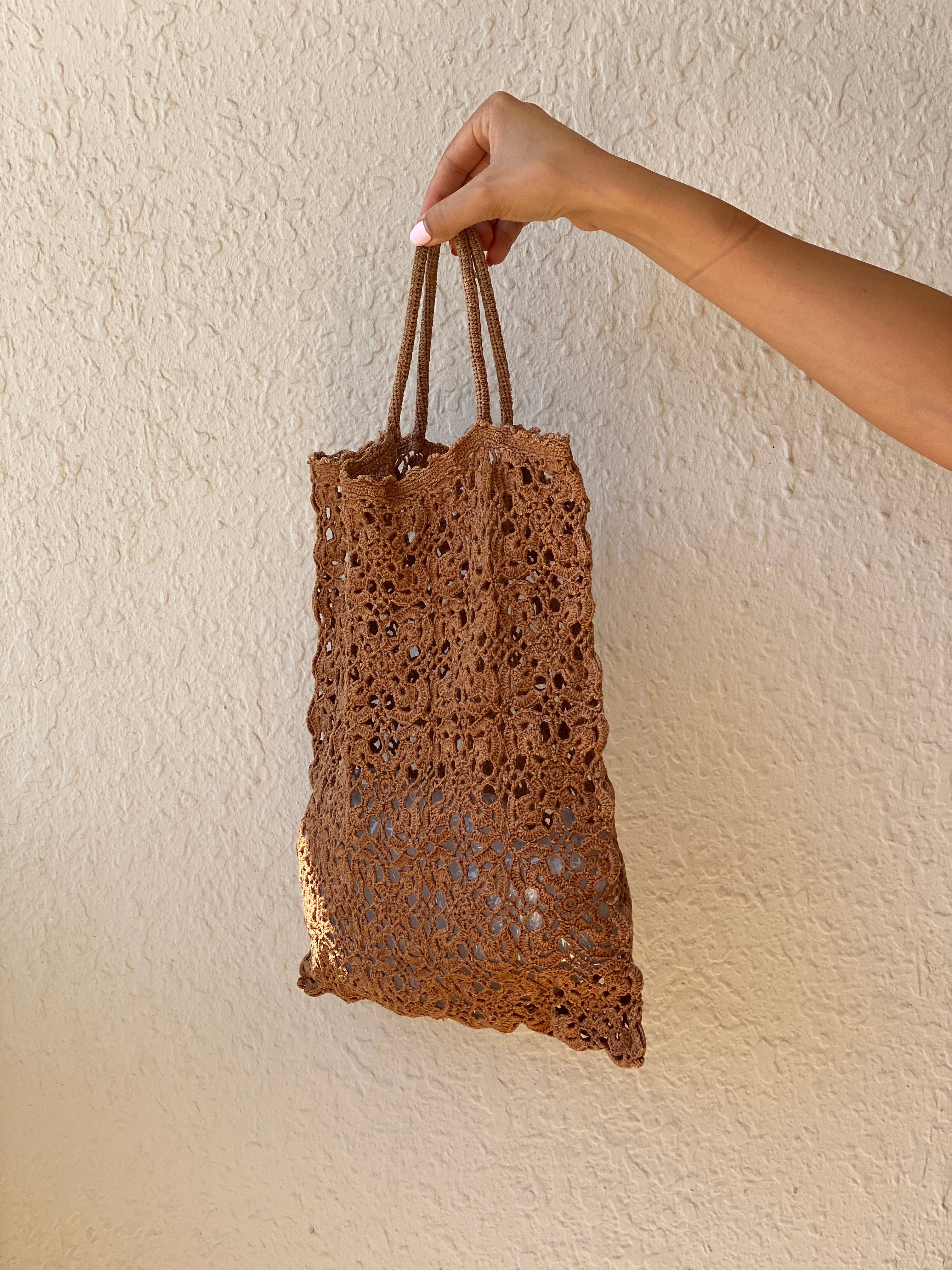 Vintage Boho Brown Hand-Crocheted Tote Bag