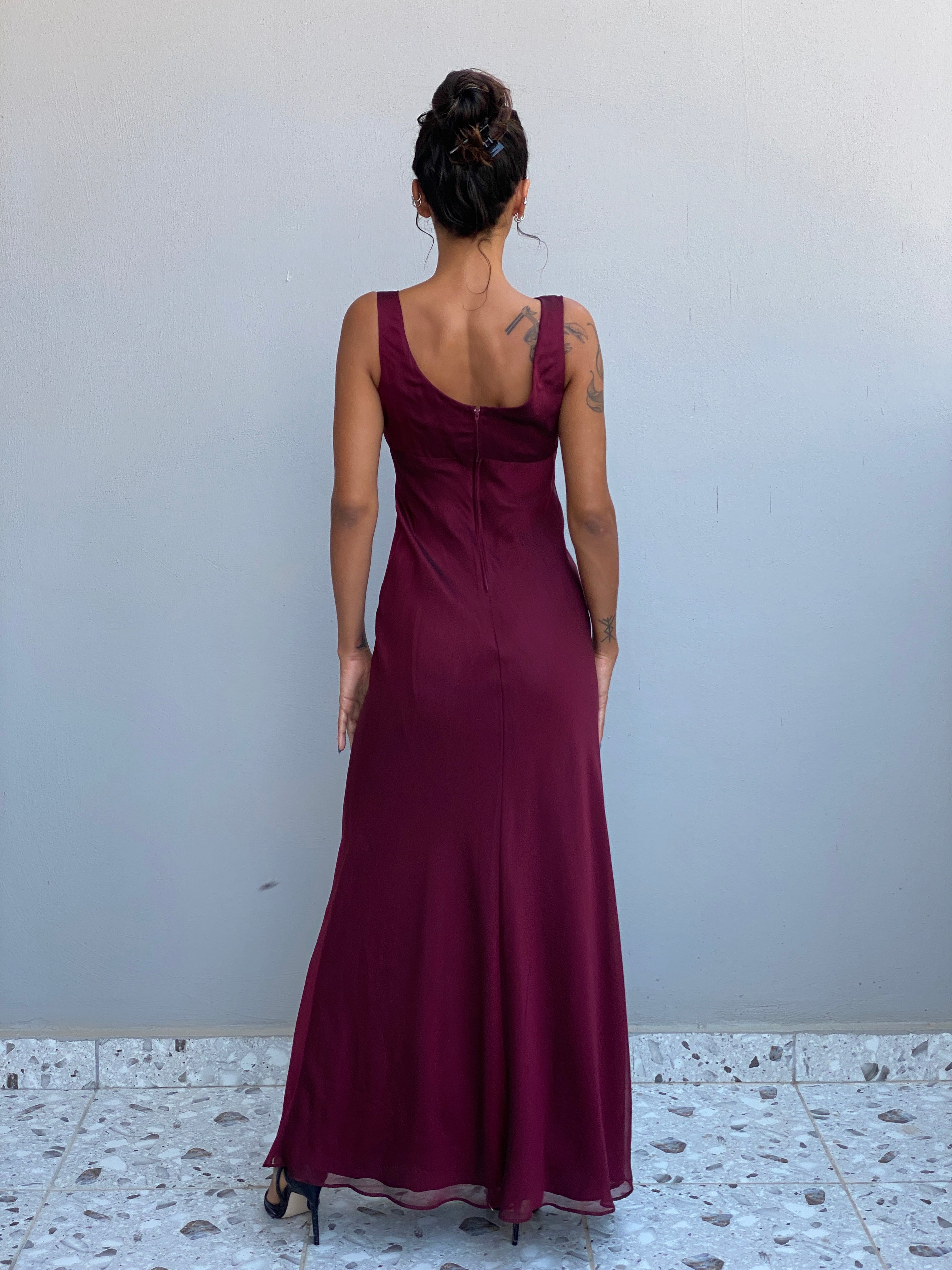 Vintage Y2K Betsy & Adam by Jaslene Burgundy Chiffon Cowl Neck Evening Gown - S