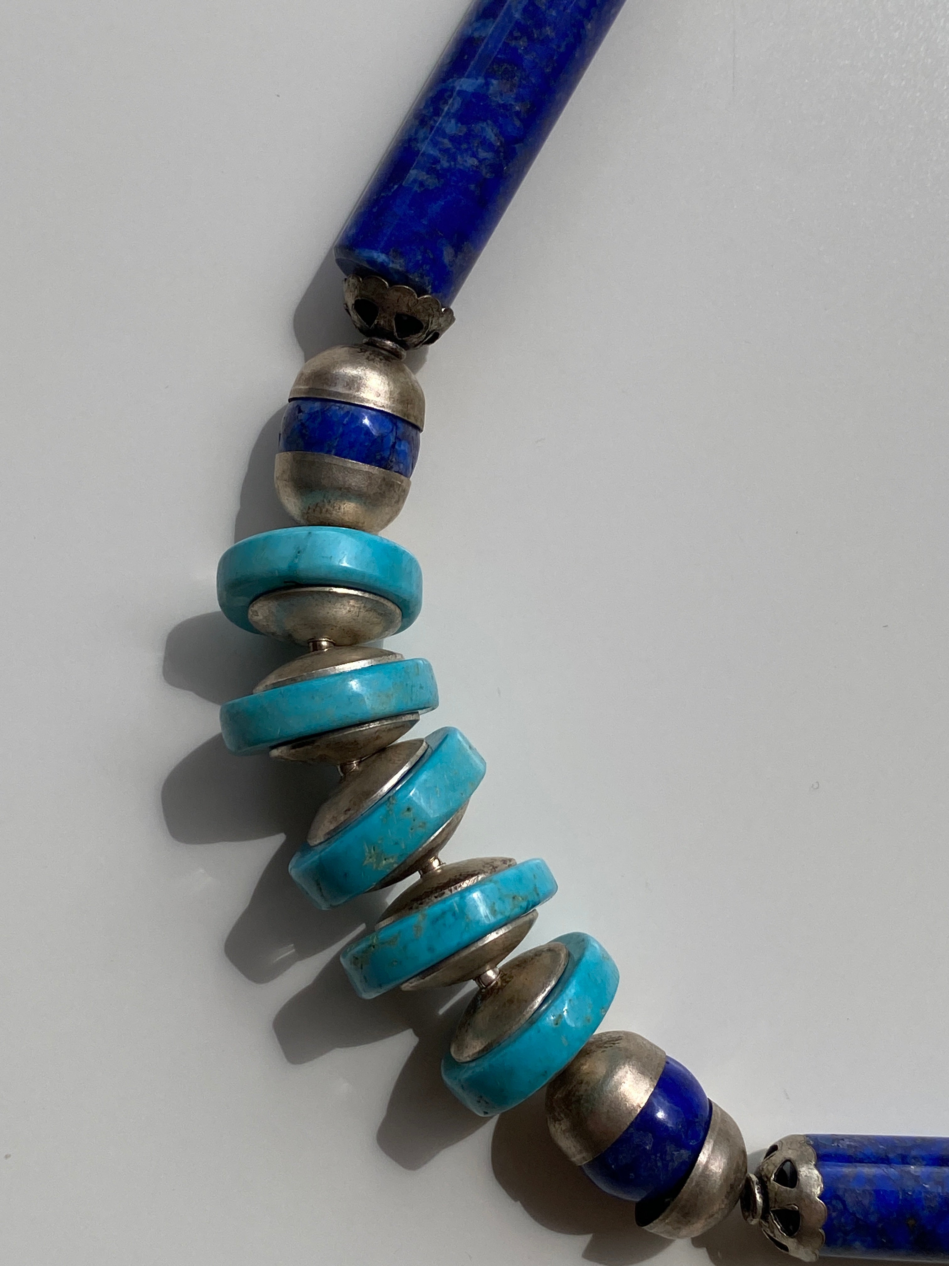 Vintage Lapis Lazuli & Turquoise Stone Beaded Necklace with Silver Spacers