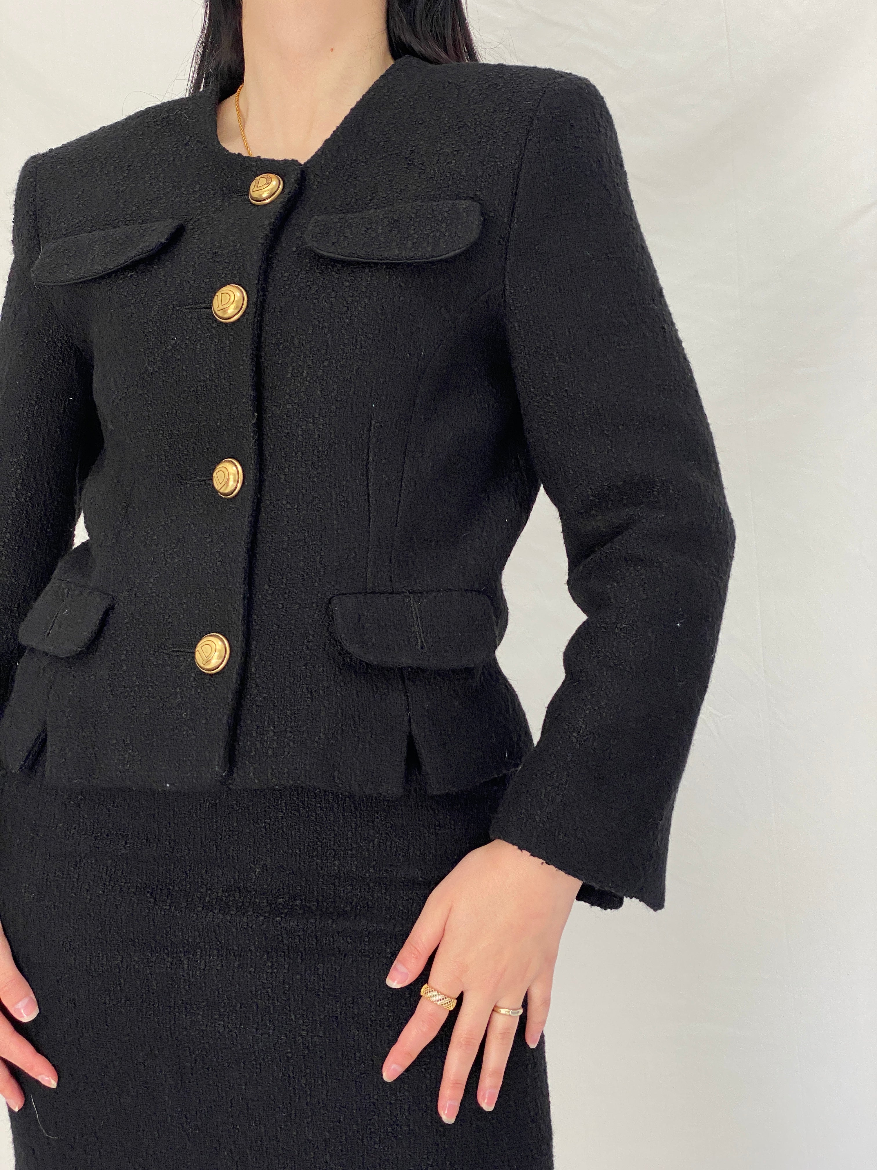 Vintage Directory Black Bouclé Blazer & Skirt Set - 90s Tailored Two Piece Suit, Gold Button Jacket, Minimalist Power Set - M