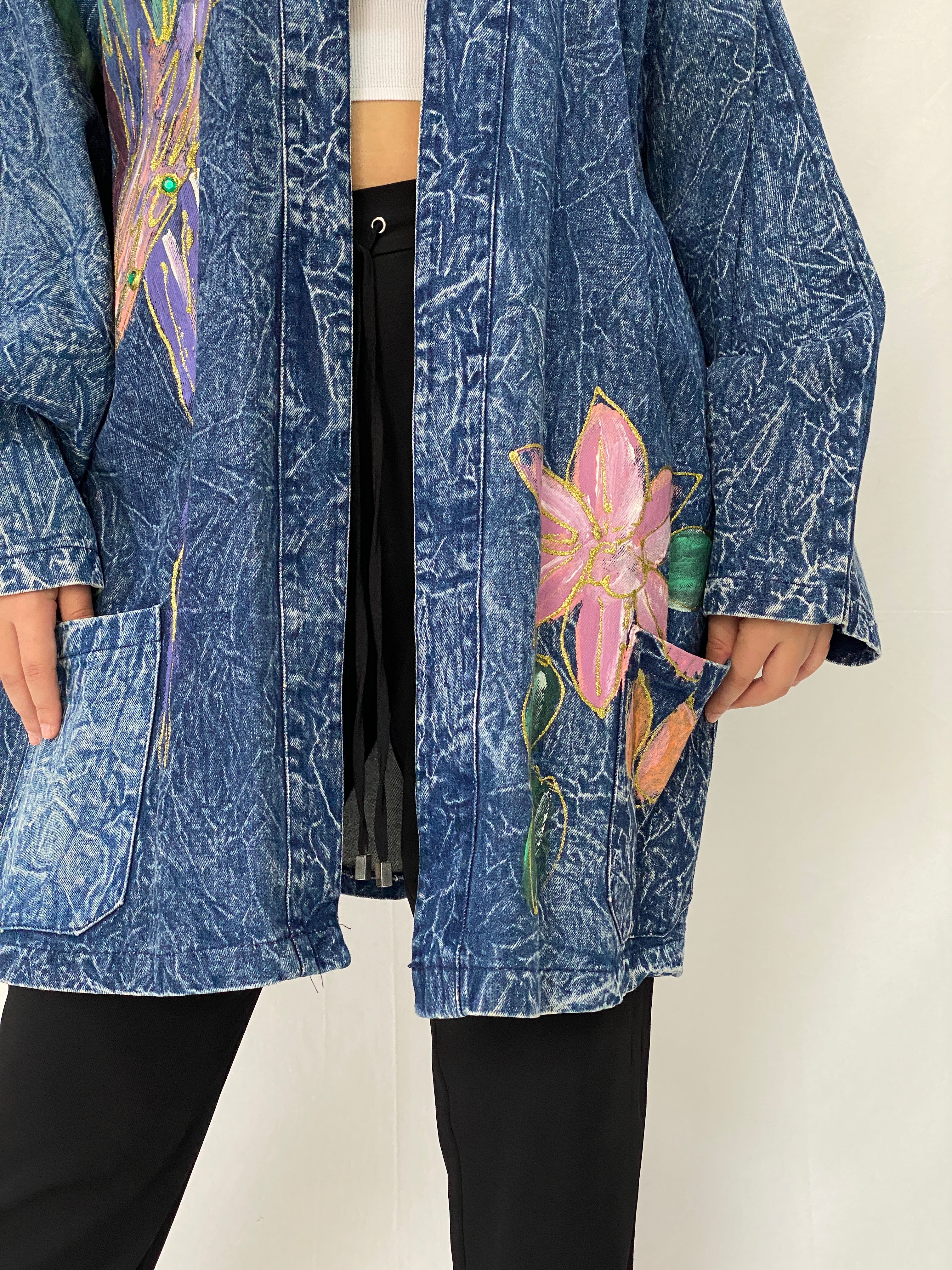 Vintage Christie California Hand Painted Denim Duster 80s Acid Wash Kimono Coat - 2XL