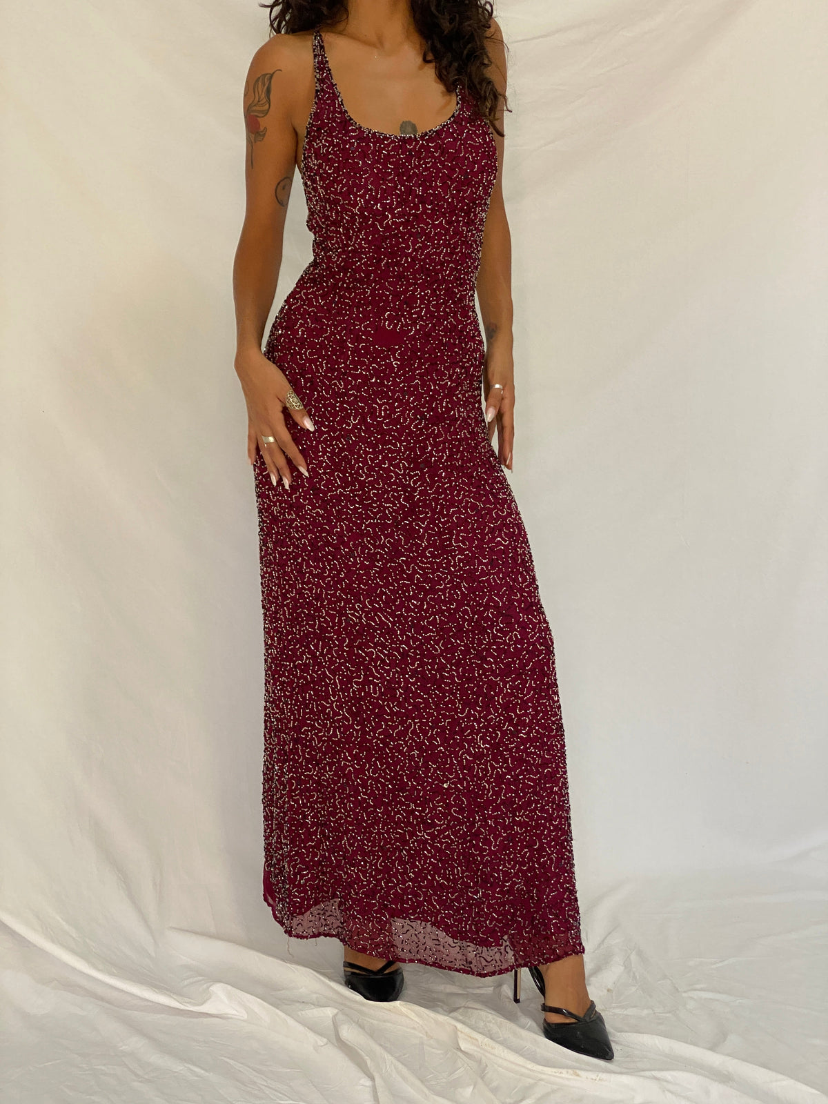 Vintage Romy Scala Burgundy 100% Silk Beaded Cross-Back Maxi Dress – M