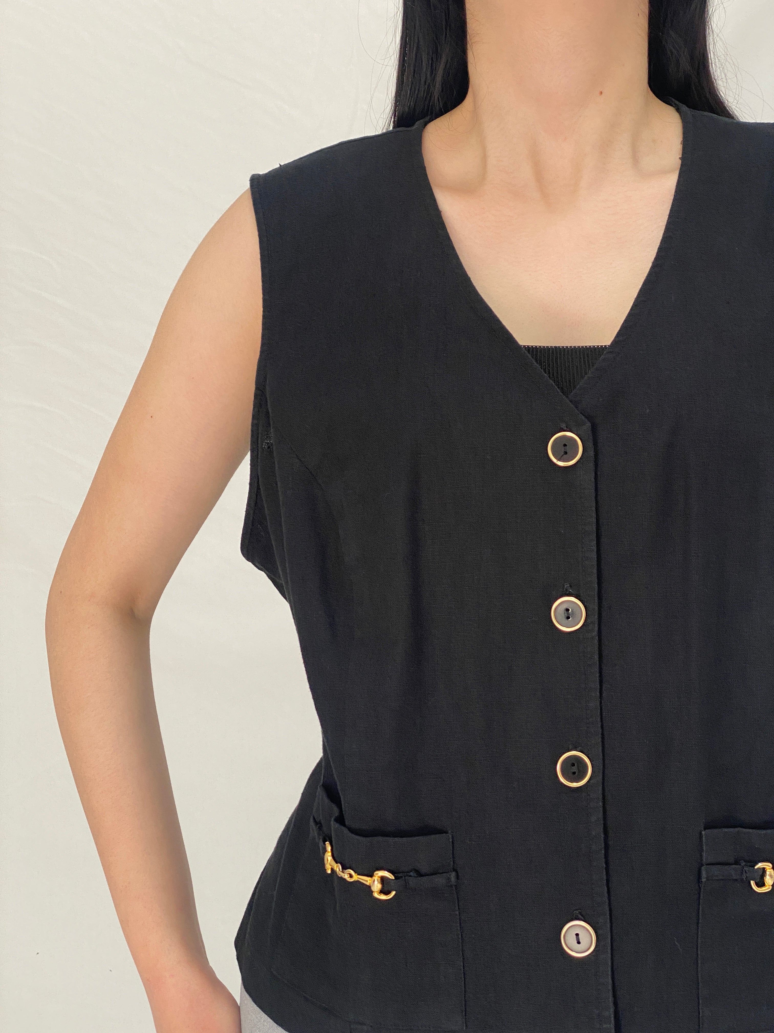 Vintage 1990s Robbie Bee Black Cotton Linen Blend Vest Gold Hardware Detail - XL