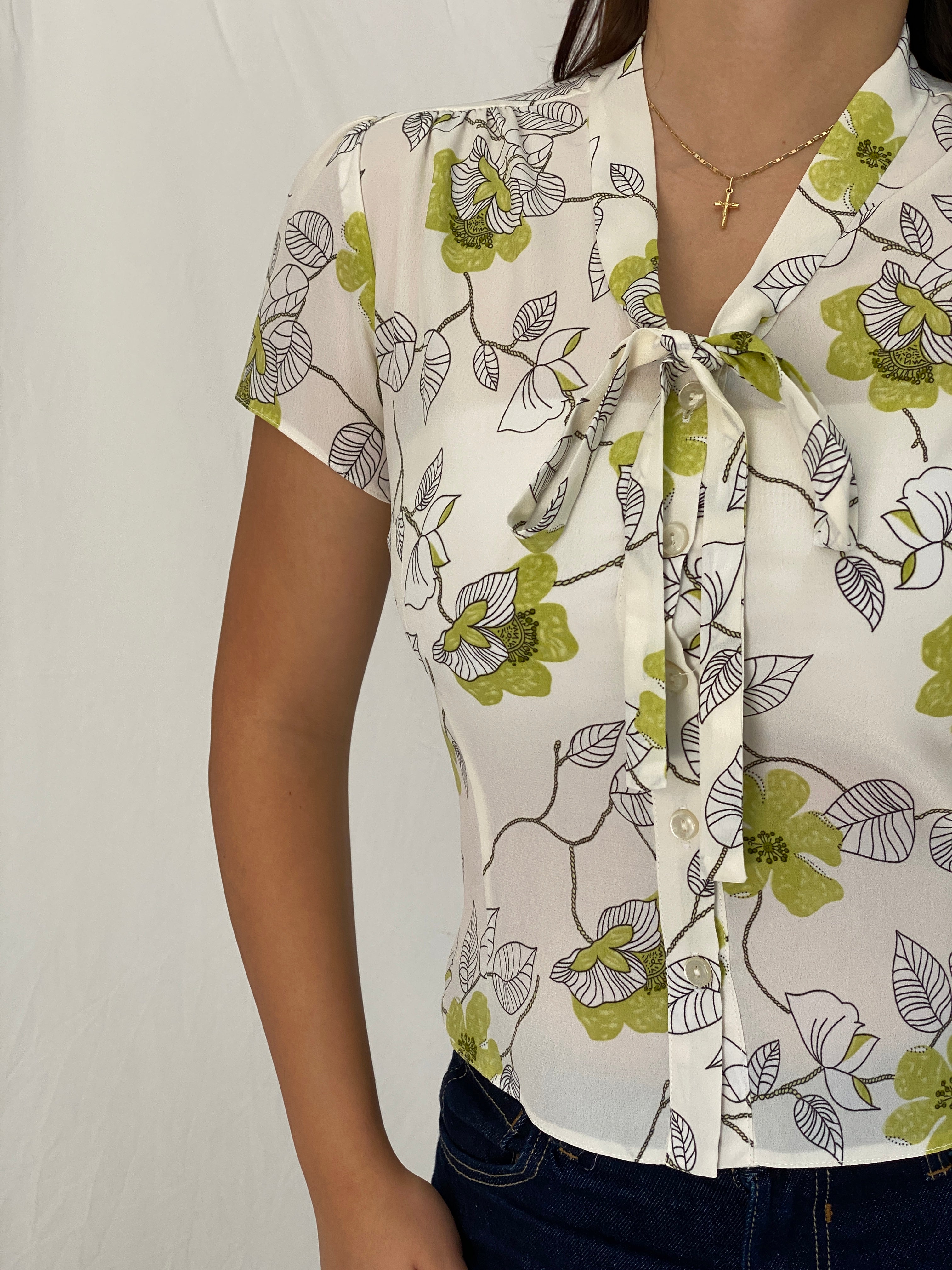 Vintage 1990s Roman Originals Ivory & Lime Green Floral Tie-Neck Blouse - M