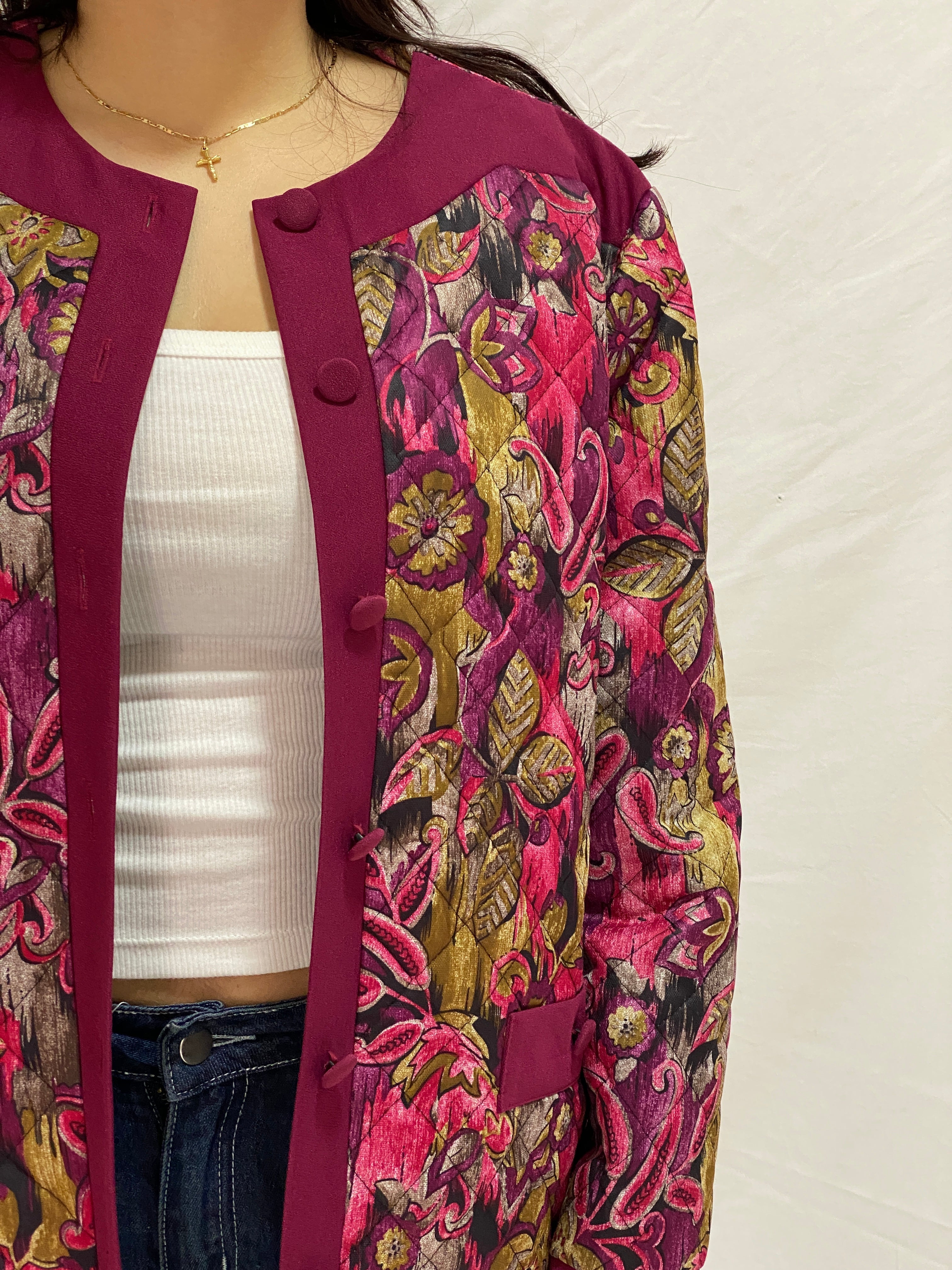 Vintage Quilted Floral Jacket Burgundy & Pink Paisley Button-Up Jacket - XL