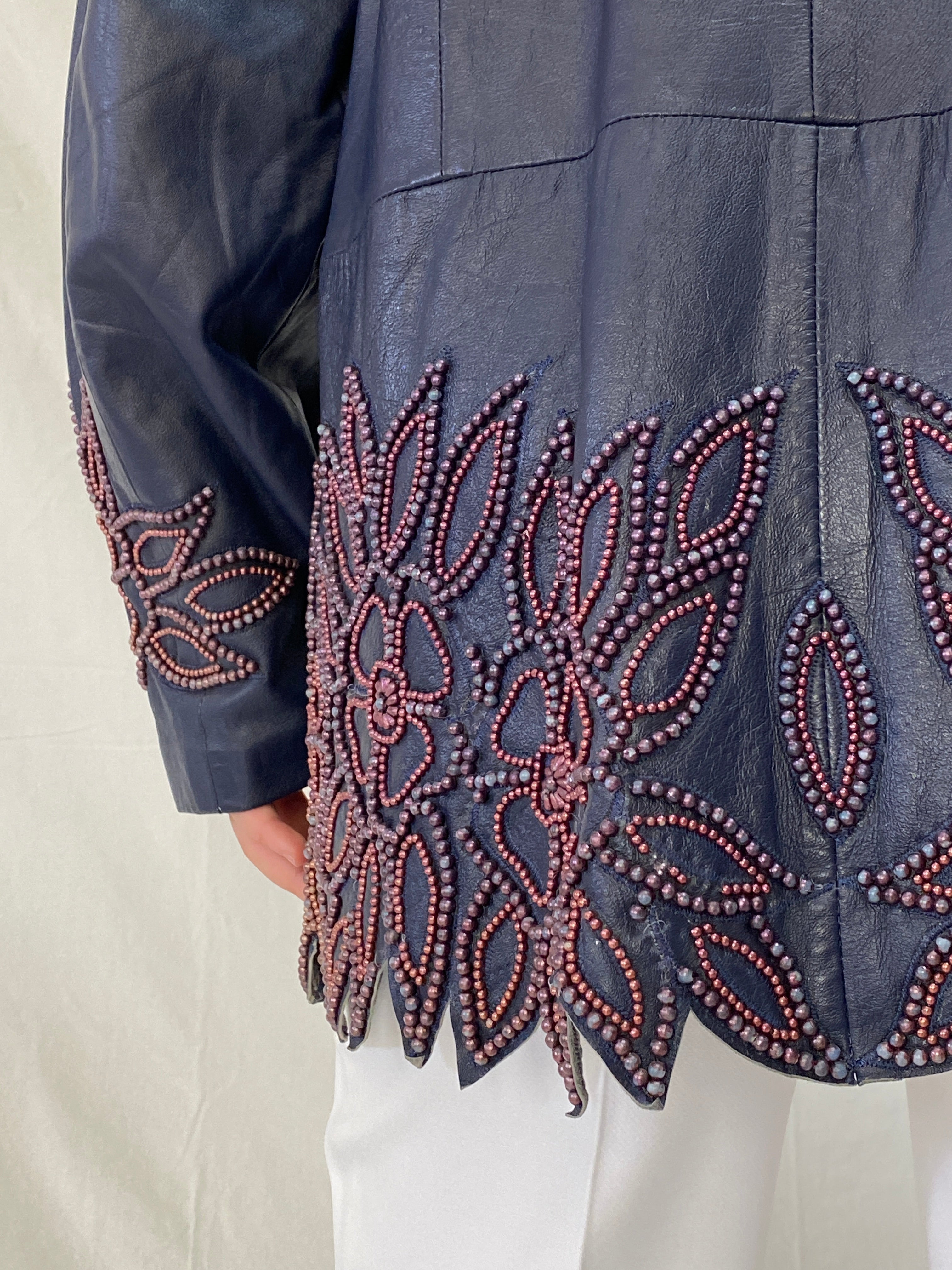Vintage KOSHAR Genuine Leather Duster Coat Navy Beaded Cut-Out Floral Jacket - XL