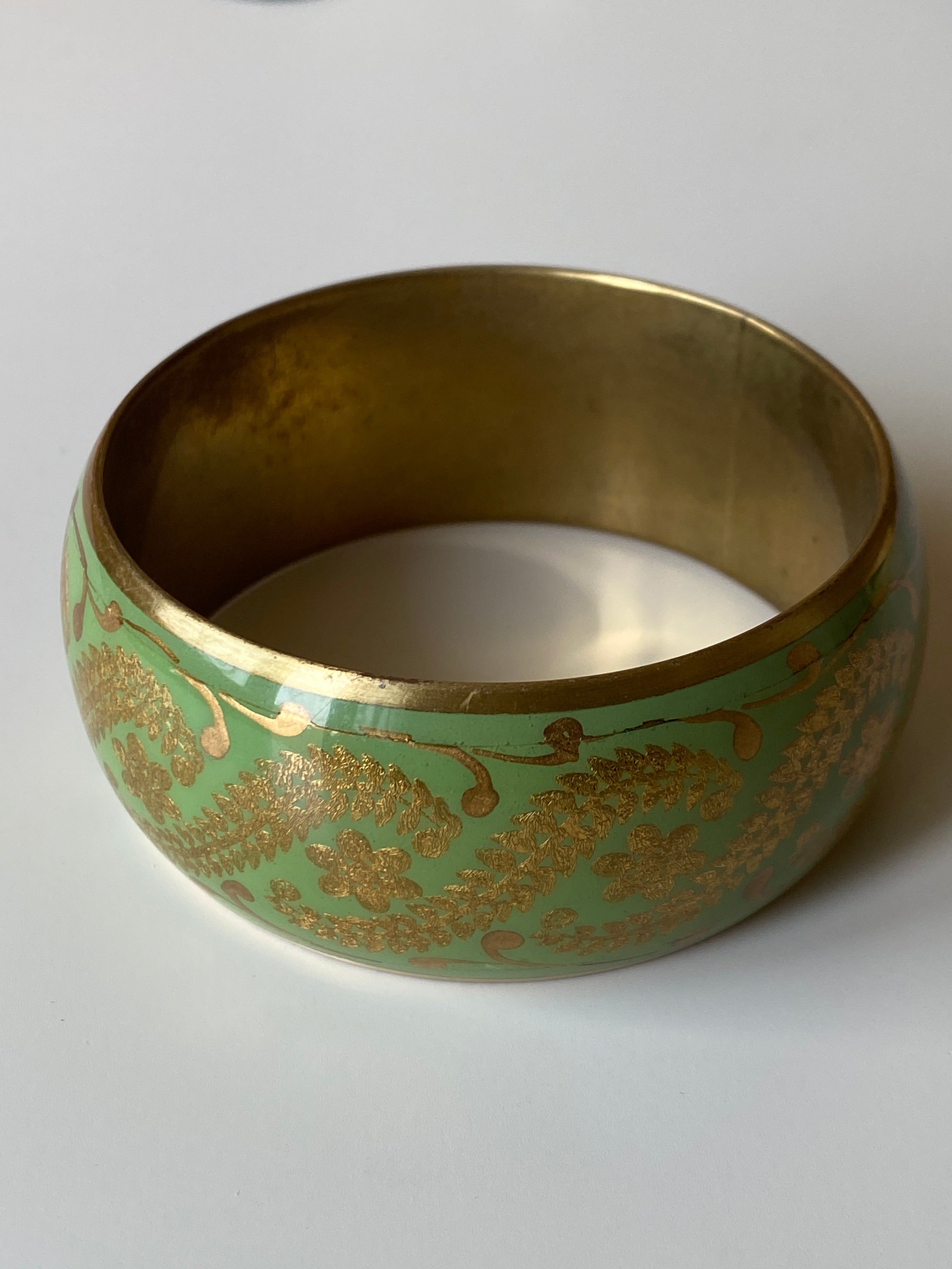 Vintage Green Enamel & Gold Floral Cuff Bracelet Wide Statement Bangle