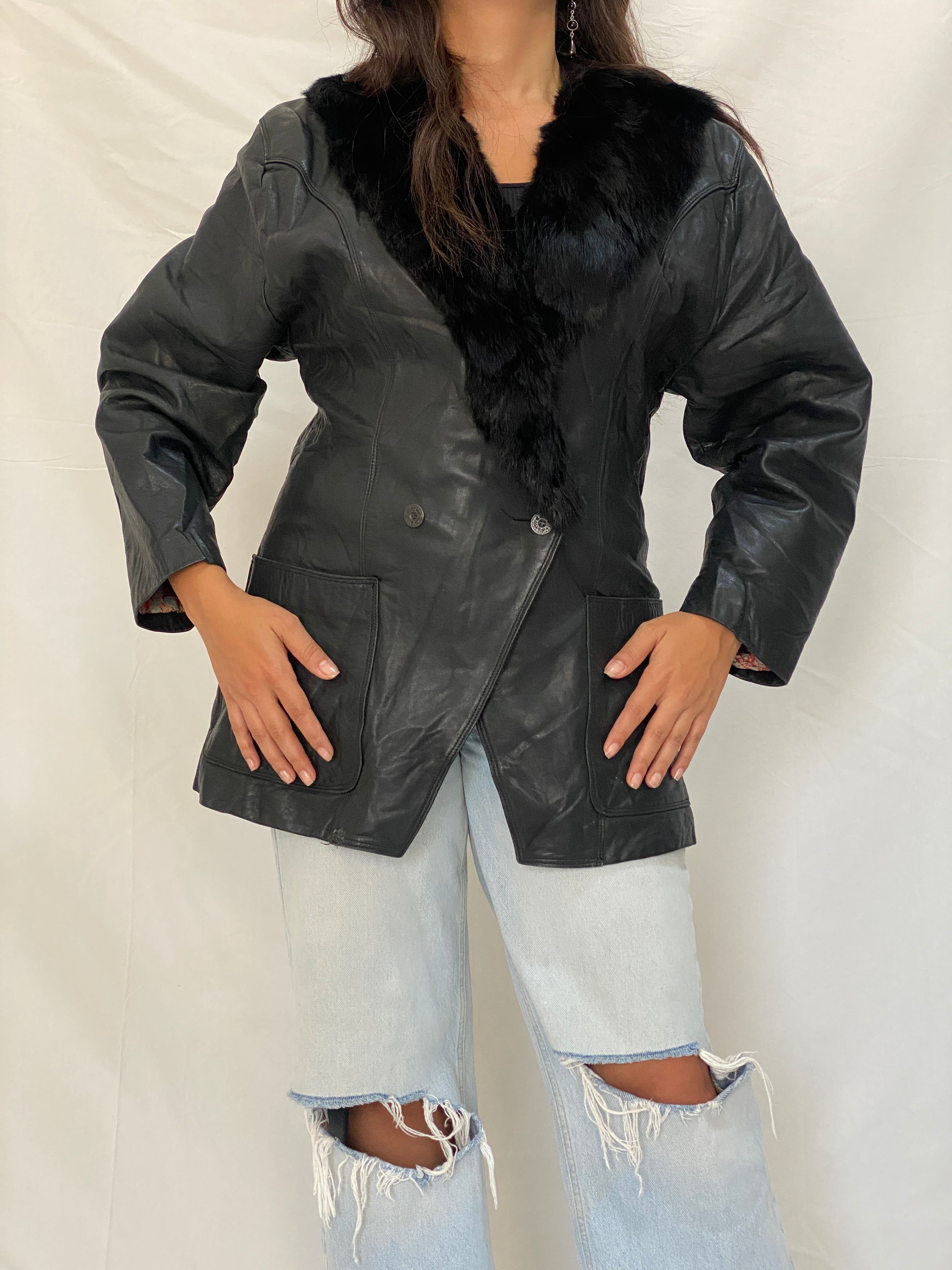 Vintage Patricia Italian Leather Coat Black Fur Collar 80s Oversized Blazer Jacket - M
