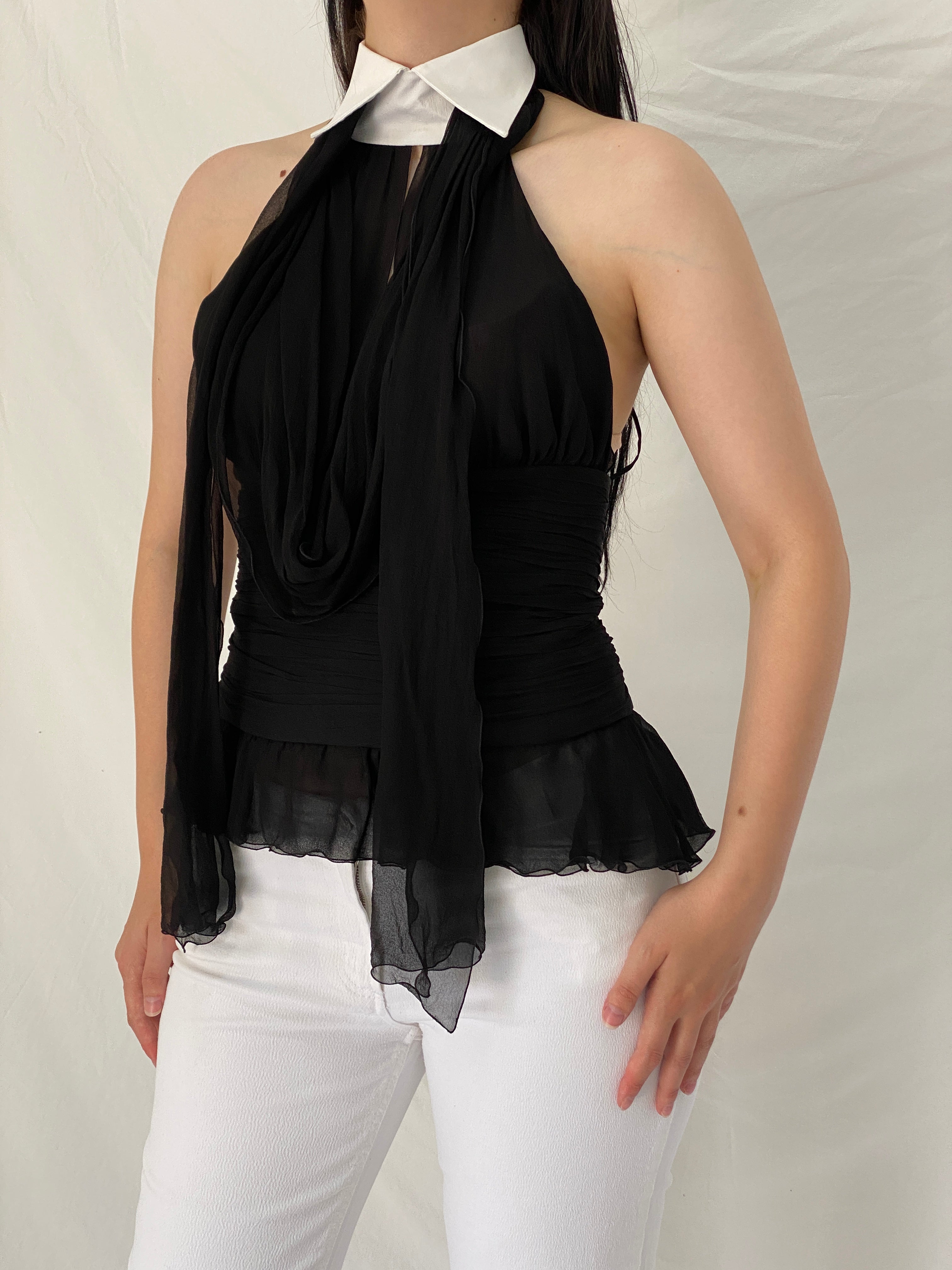 Y2K Lagerfeld Gallery Black Silk Halter Blouse with White Collar – S