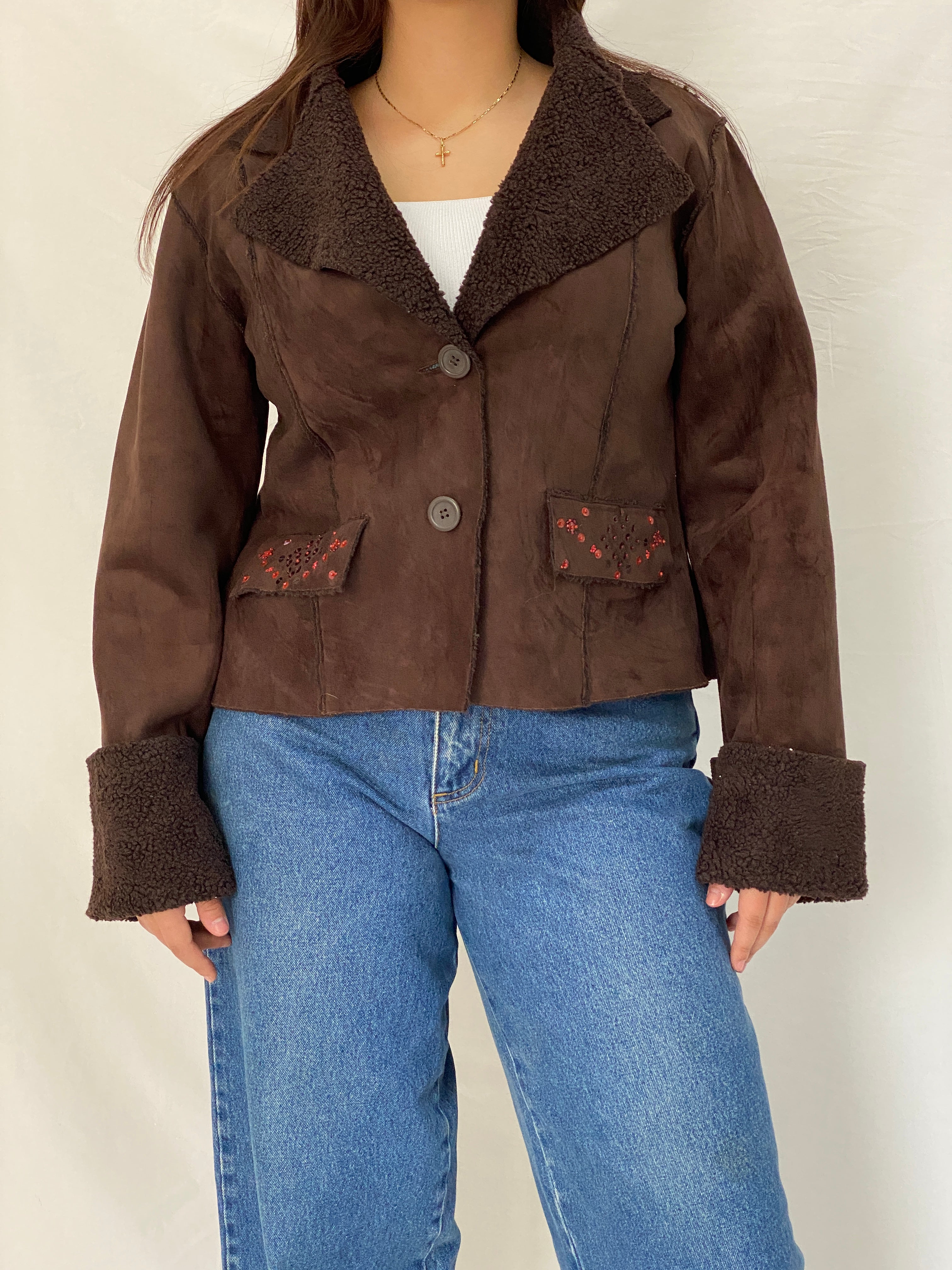 Y2K Together Brown Faux Suede Teddy Trim Jacket - L