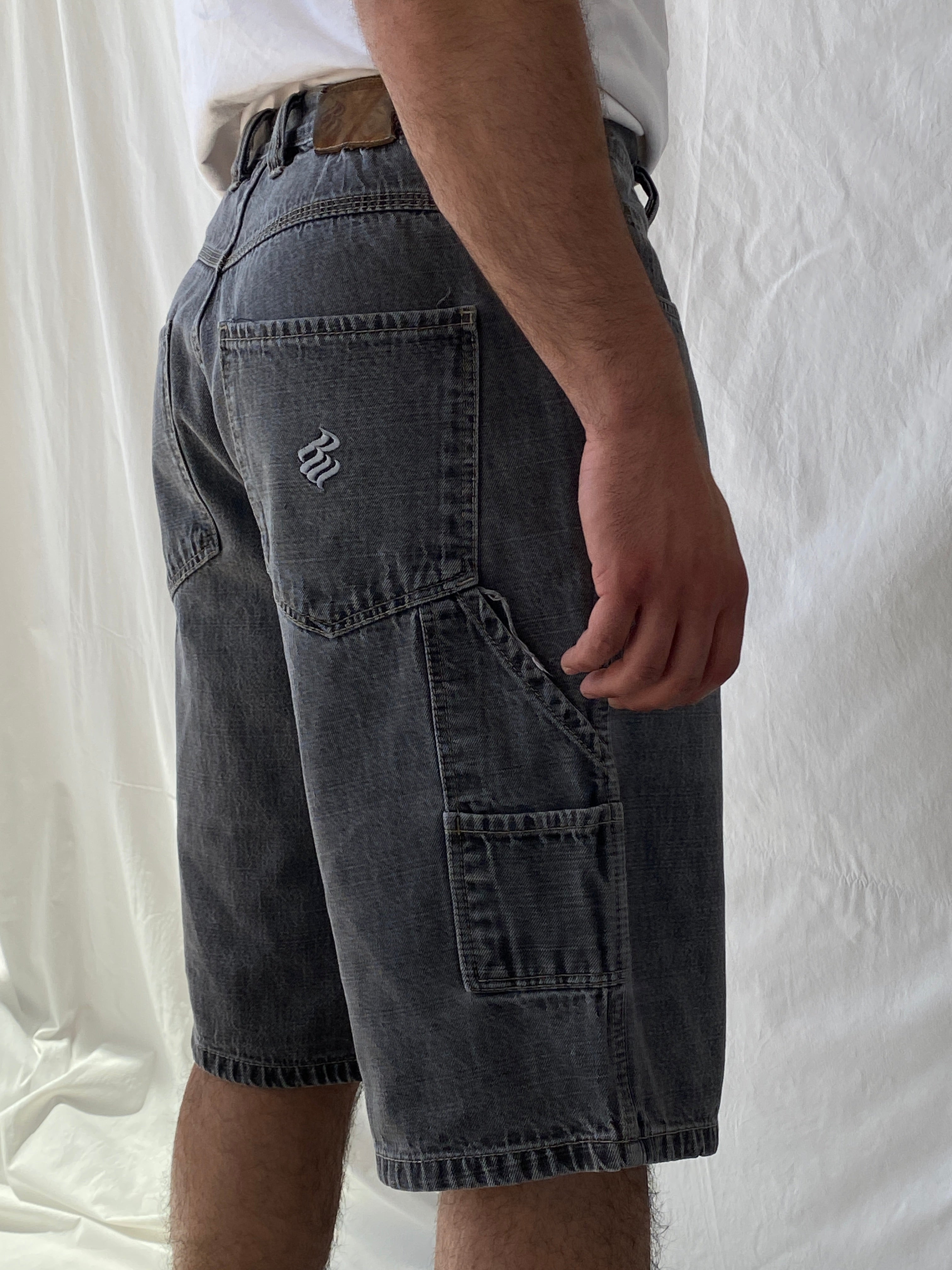 Y2K ROCAWEAR Washed Black Denim Shorts Streetwear Utility Gray Hip Hop Jorts