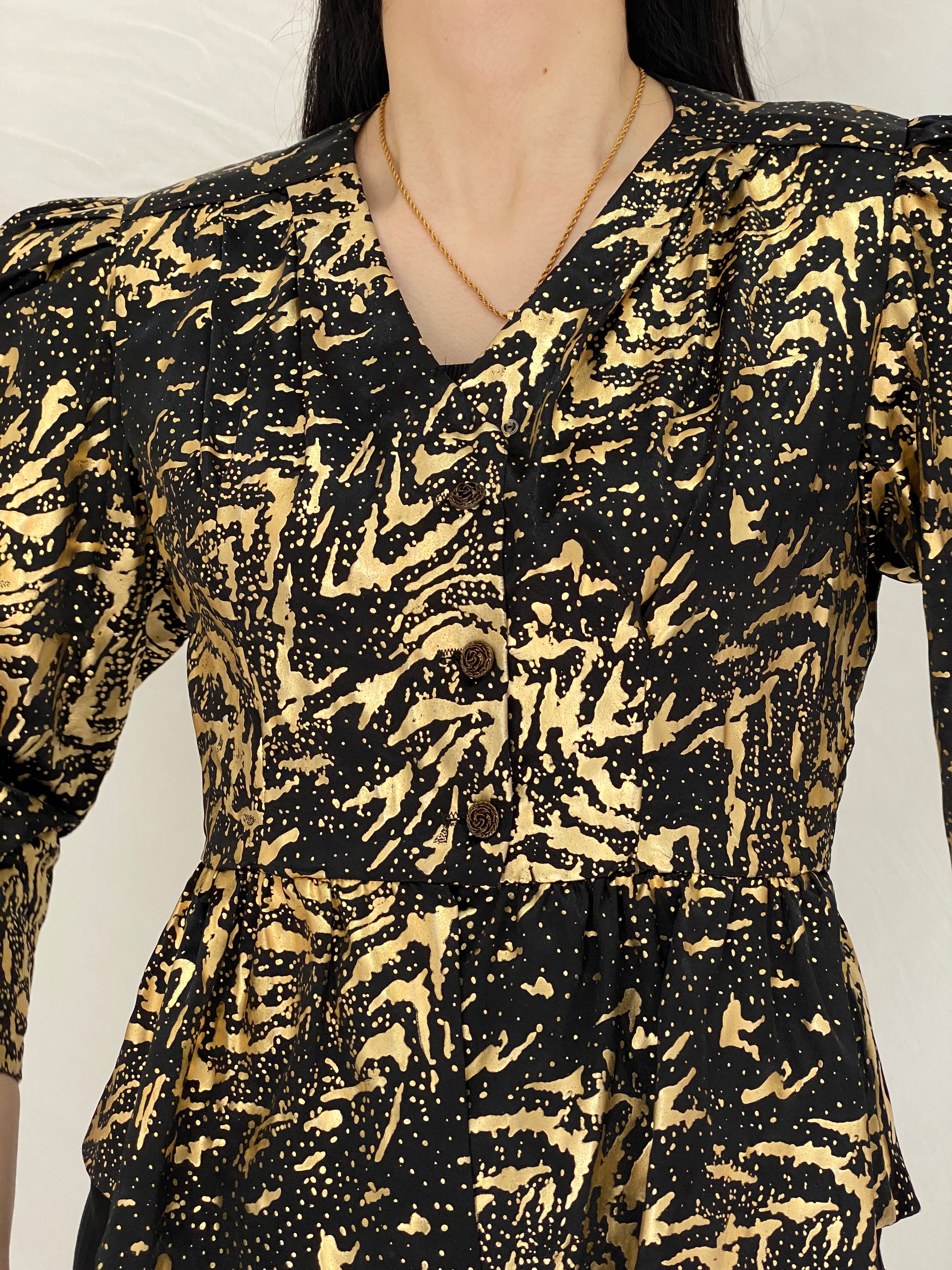 Vintage Black & Gold Abstract Print Peplum Blouse with Puff Sleeves - S
