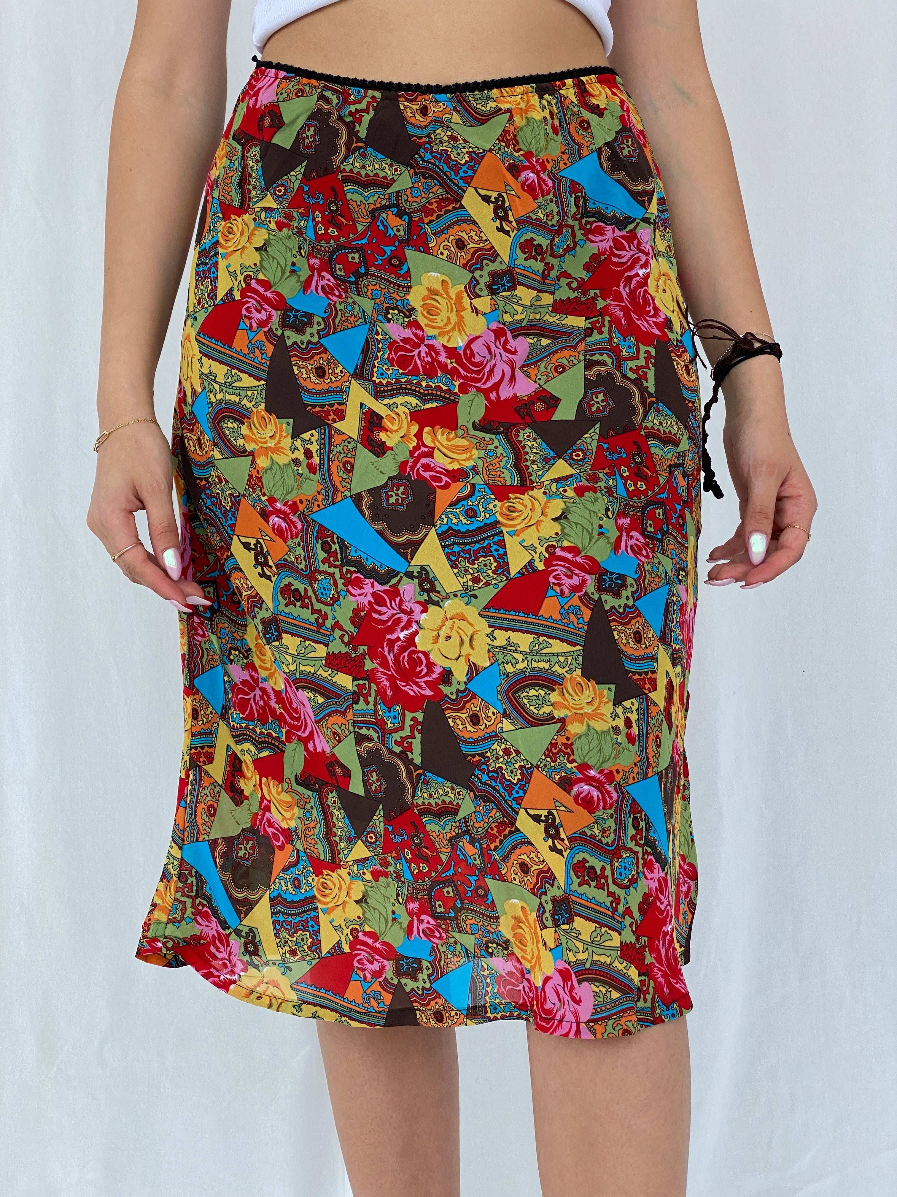 Stunning Vintage 90s Outfit Colorful Floral Midi Skirt Size L - Balagan Vintage Midi Skirt 90s, floral, floral skirt, Juana, midi skirt, NEW IN, women skirt