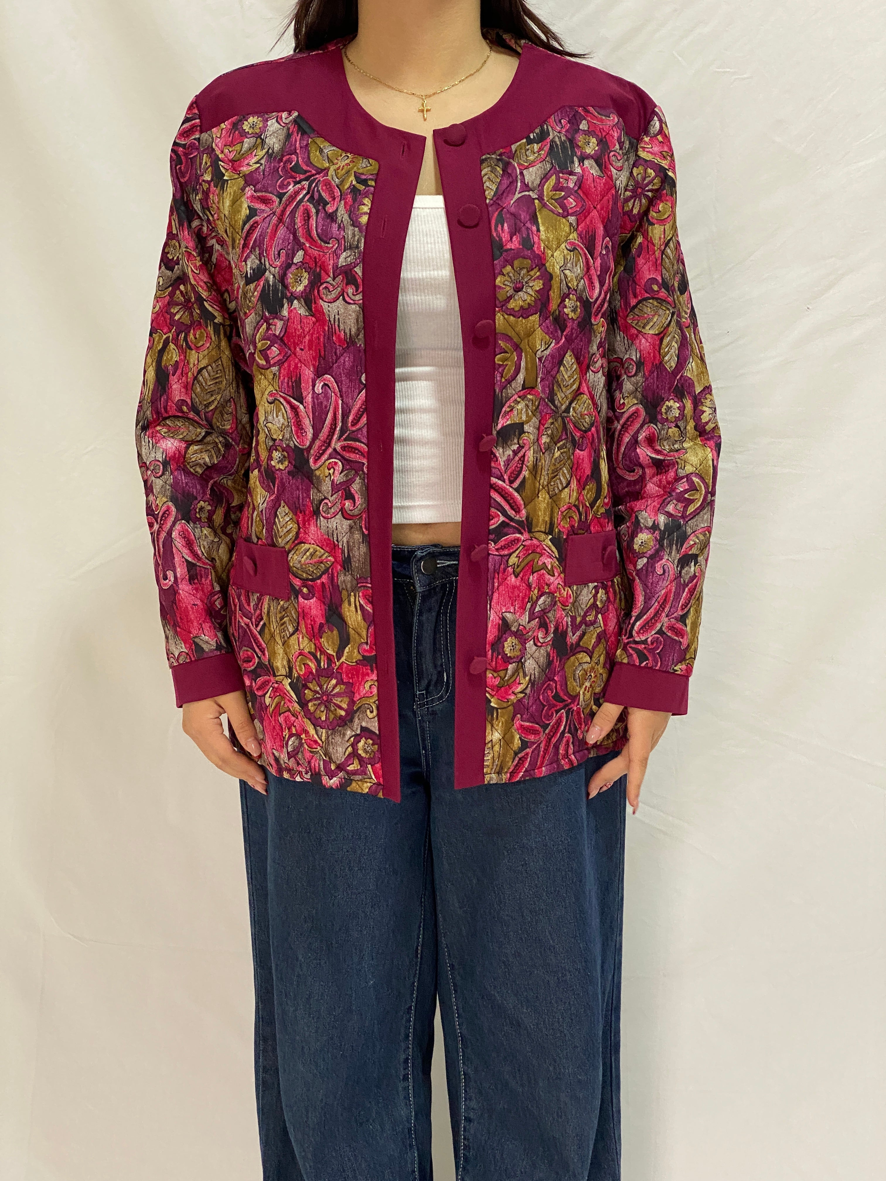 Vintage Quilted Floral Jacket Burgundy & Pink Paisley Button-Up Jacket - XL