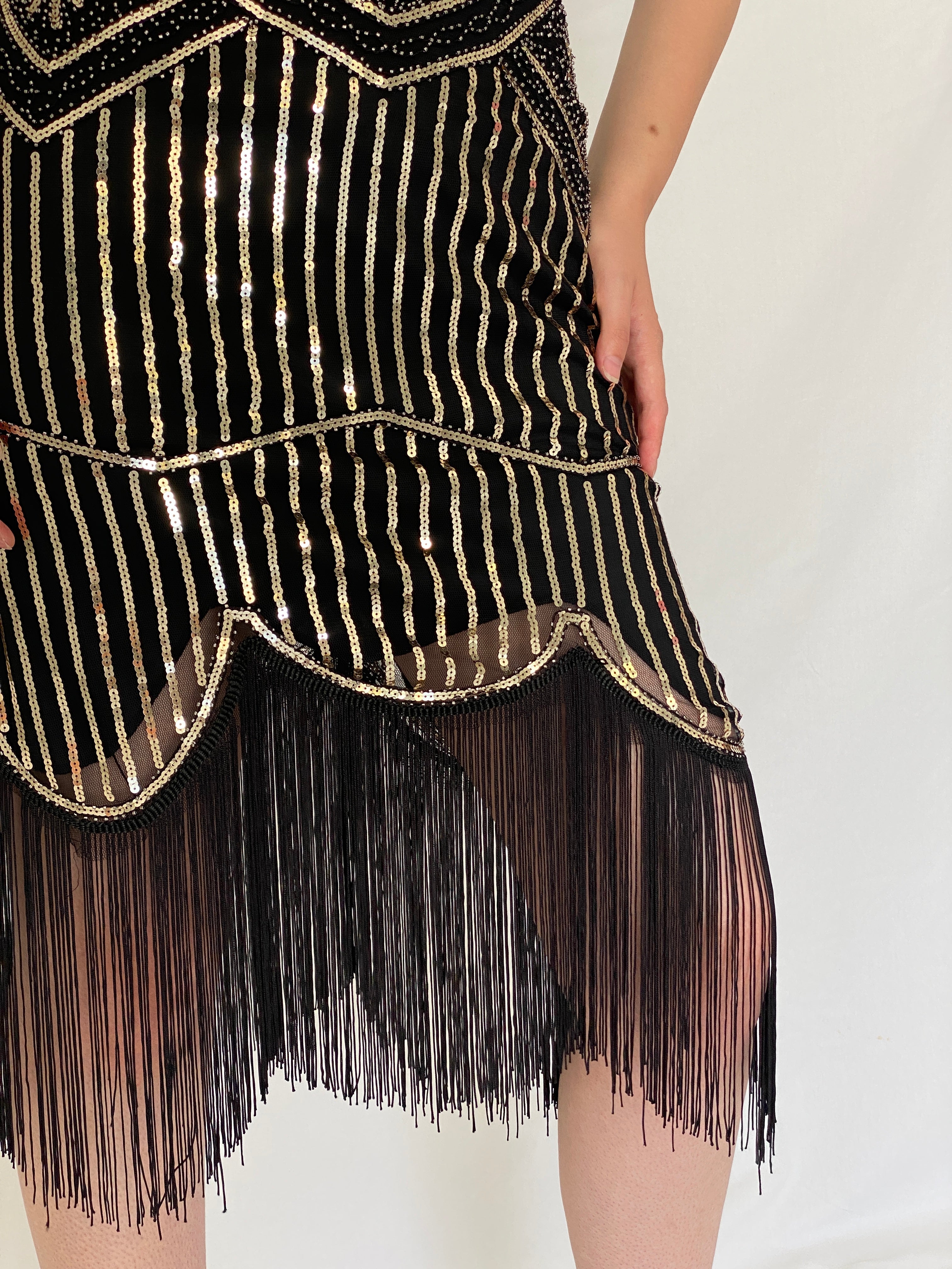 Vintage Art Deco Gatsby Black & Gold Sequin Fringe Cocktail Dress – S