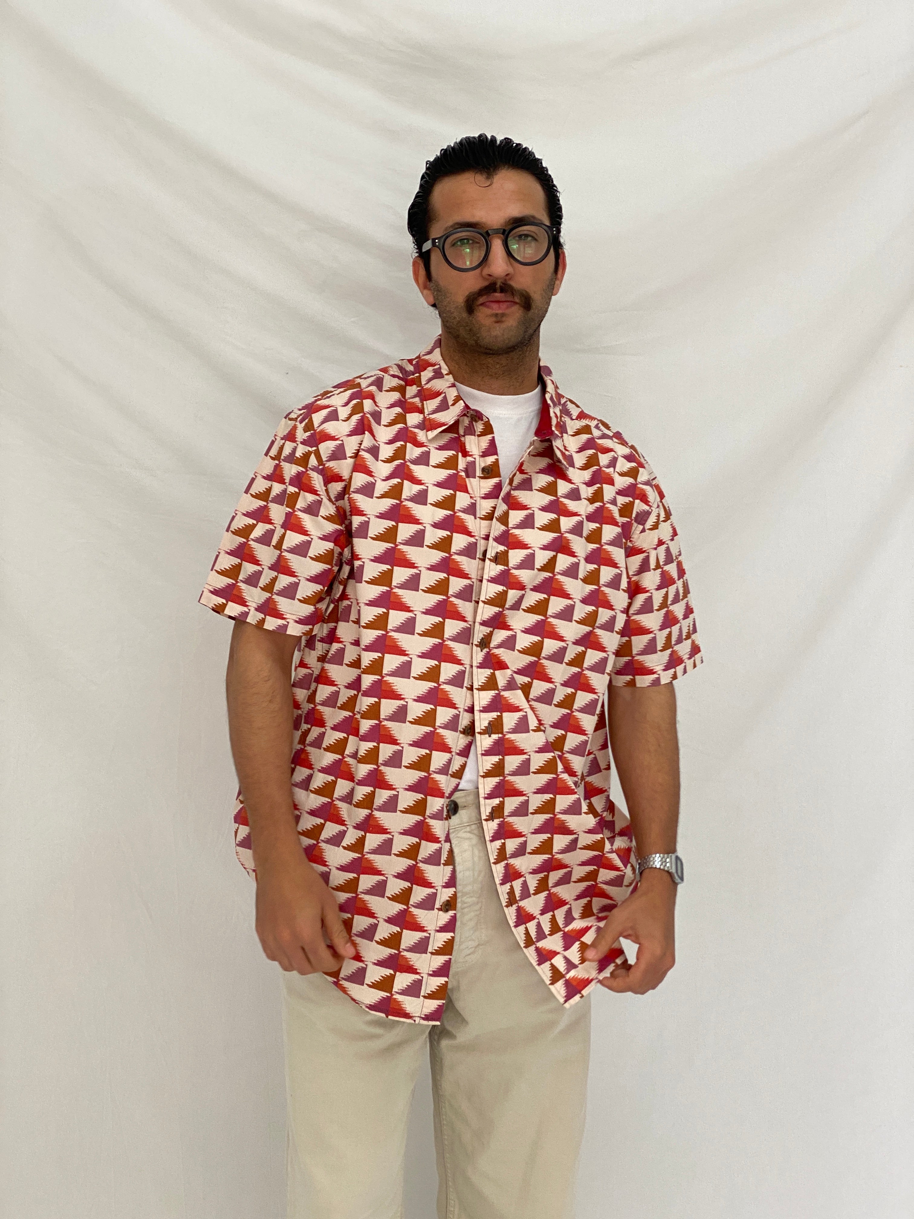 Prana Geometric Print Cotton Red Pink Abstract Short Sleeve Shirt – XL