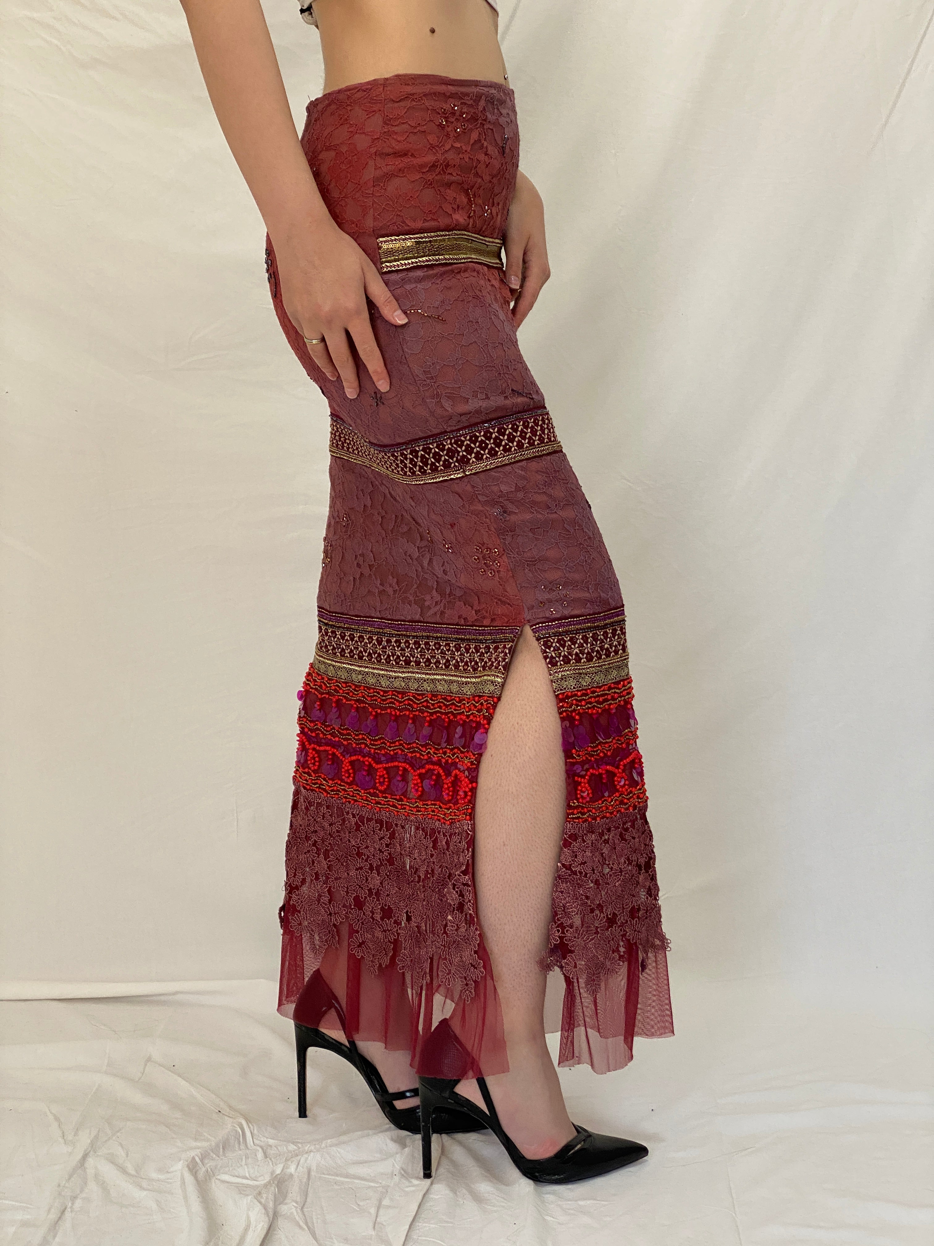 BRITISHINDIA Limited Edition Embellished Lace Maxi Skirt with Beaded Panels & Side Slit -S
