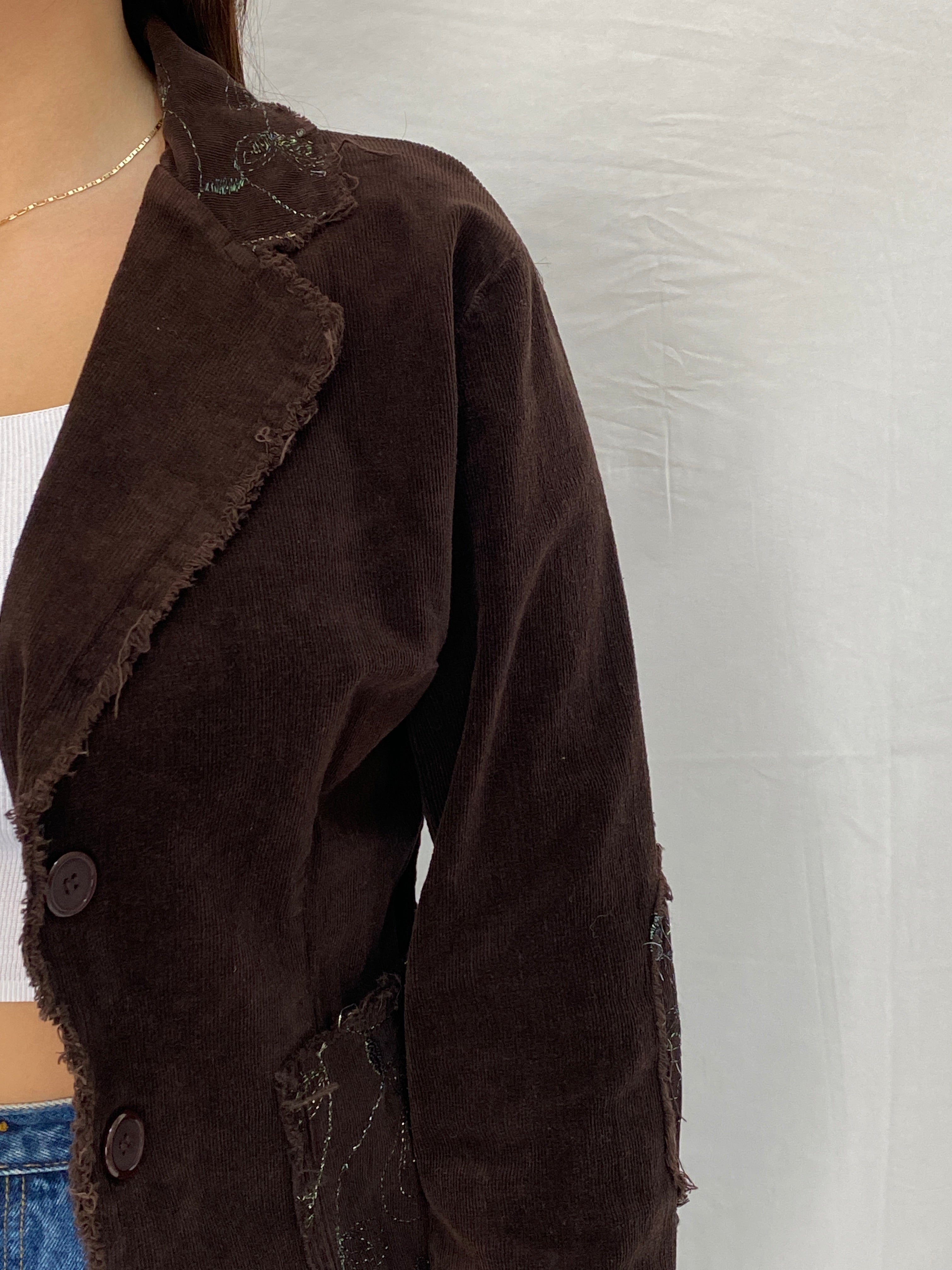 Vintage Y2K Italian Corduroy Blazer Chocolate Distressed Raw Edge Embroidered Jacket - S