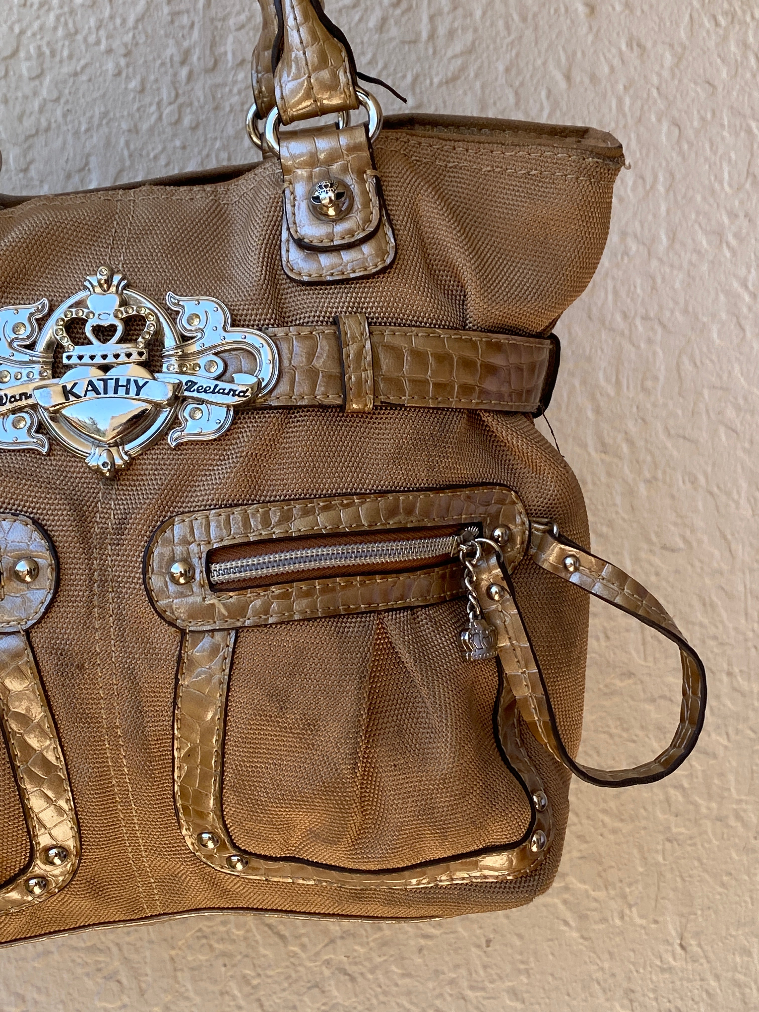 Vintage Y2K Kathy Van Zeeland Tan Canvas & Faux Croc Shoulder Tote Bag