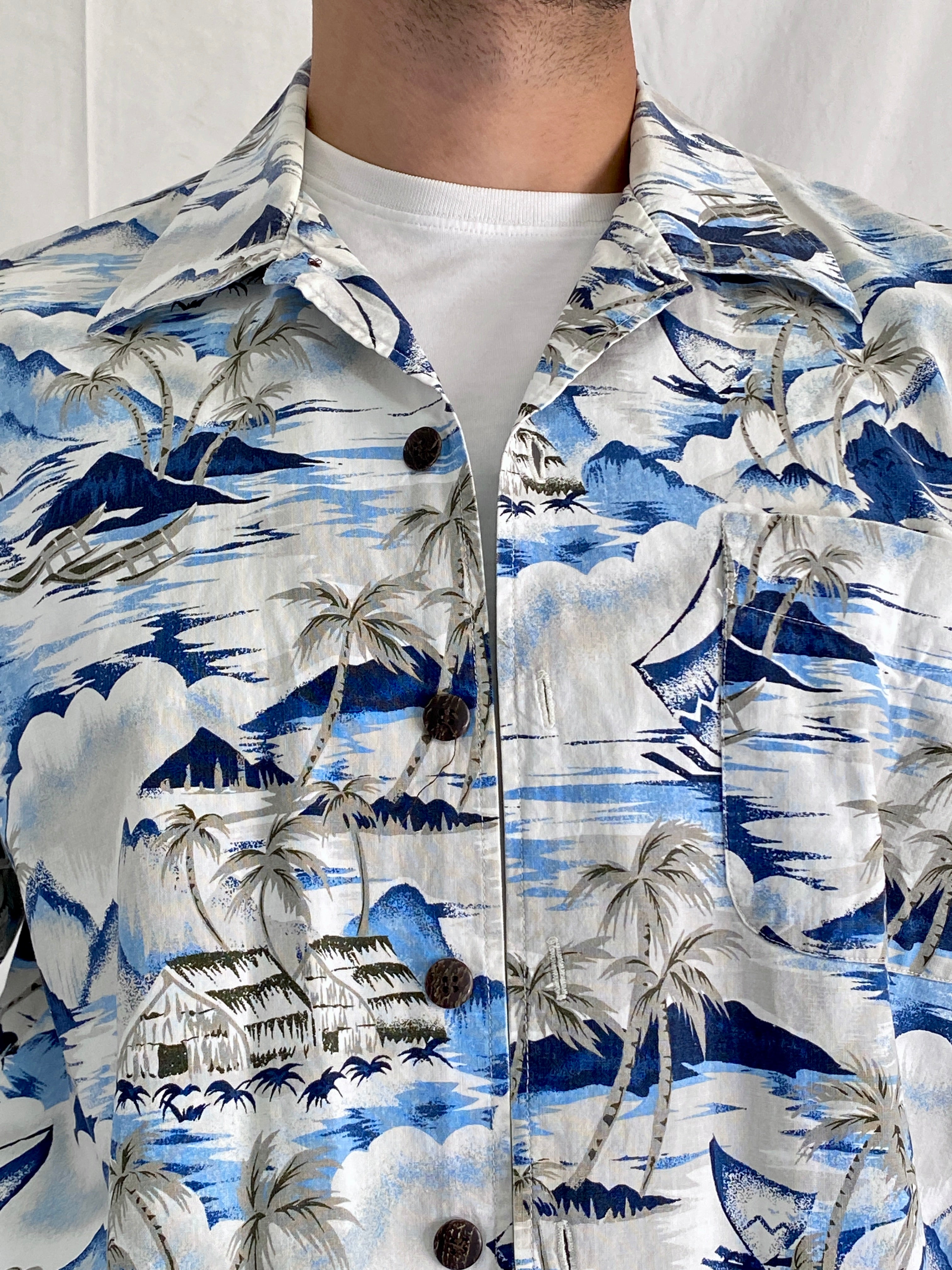 Vintage CHEROKEE Cotton Tropical Blue Island Men’s Hawaiian Shirt - L