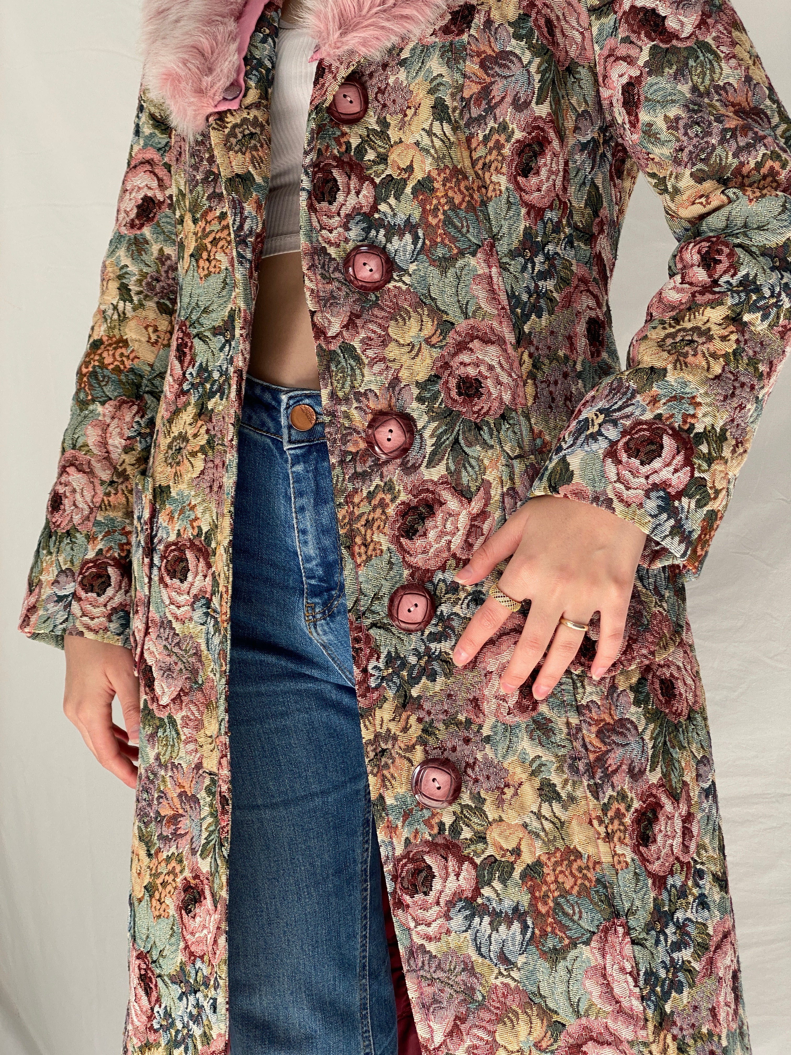 Vintage Statement Handmade Floral Tapestry Quilted Coat with Pink Faux Fur Collar - M