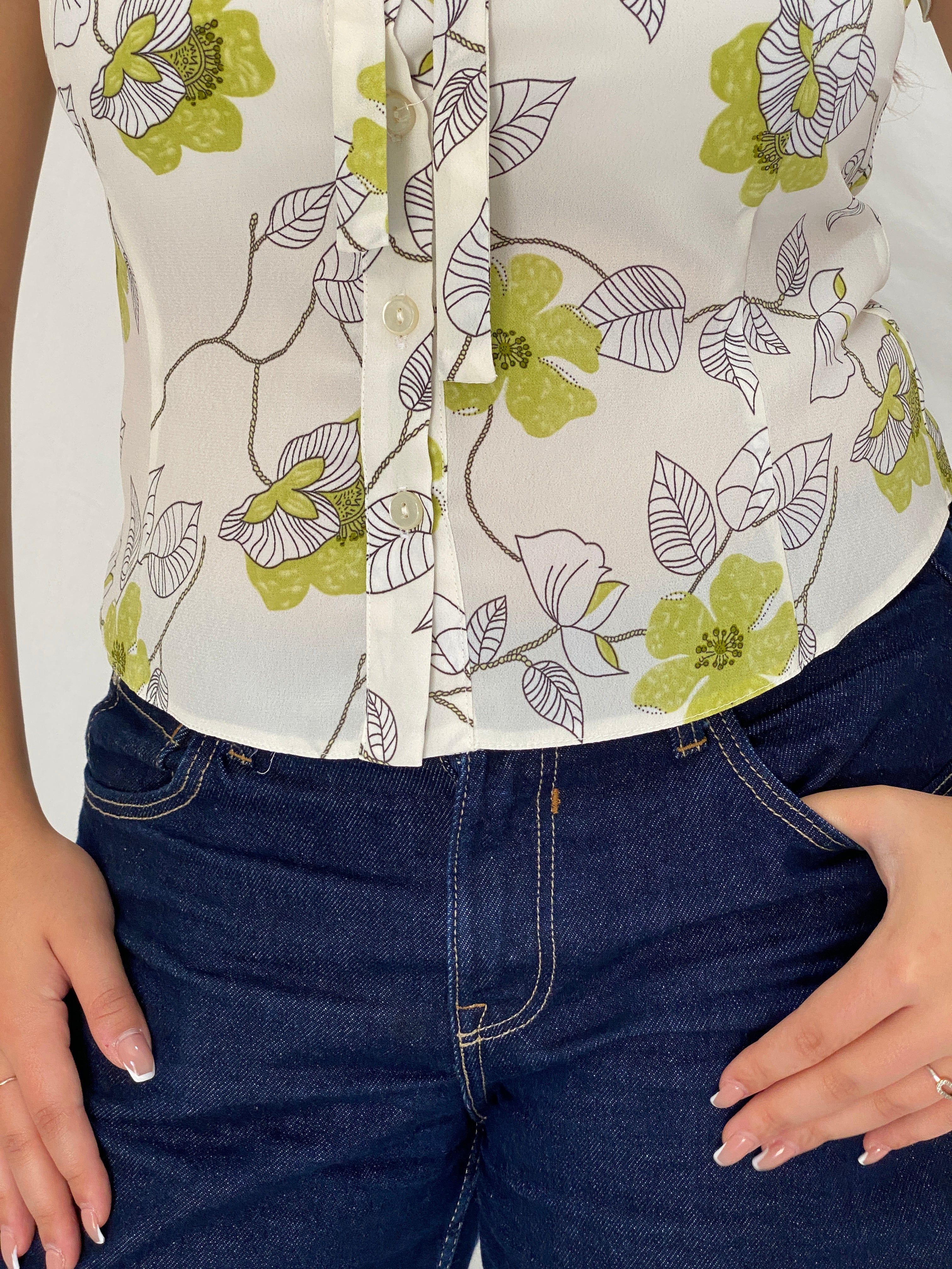 Vintage 1990s Roman Originals Ivory & Lime Green Floral Tie-Neck Blouse - M