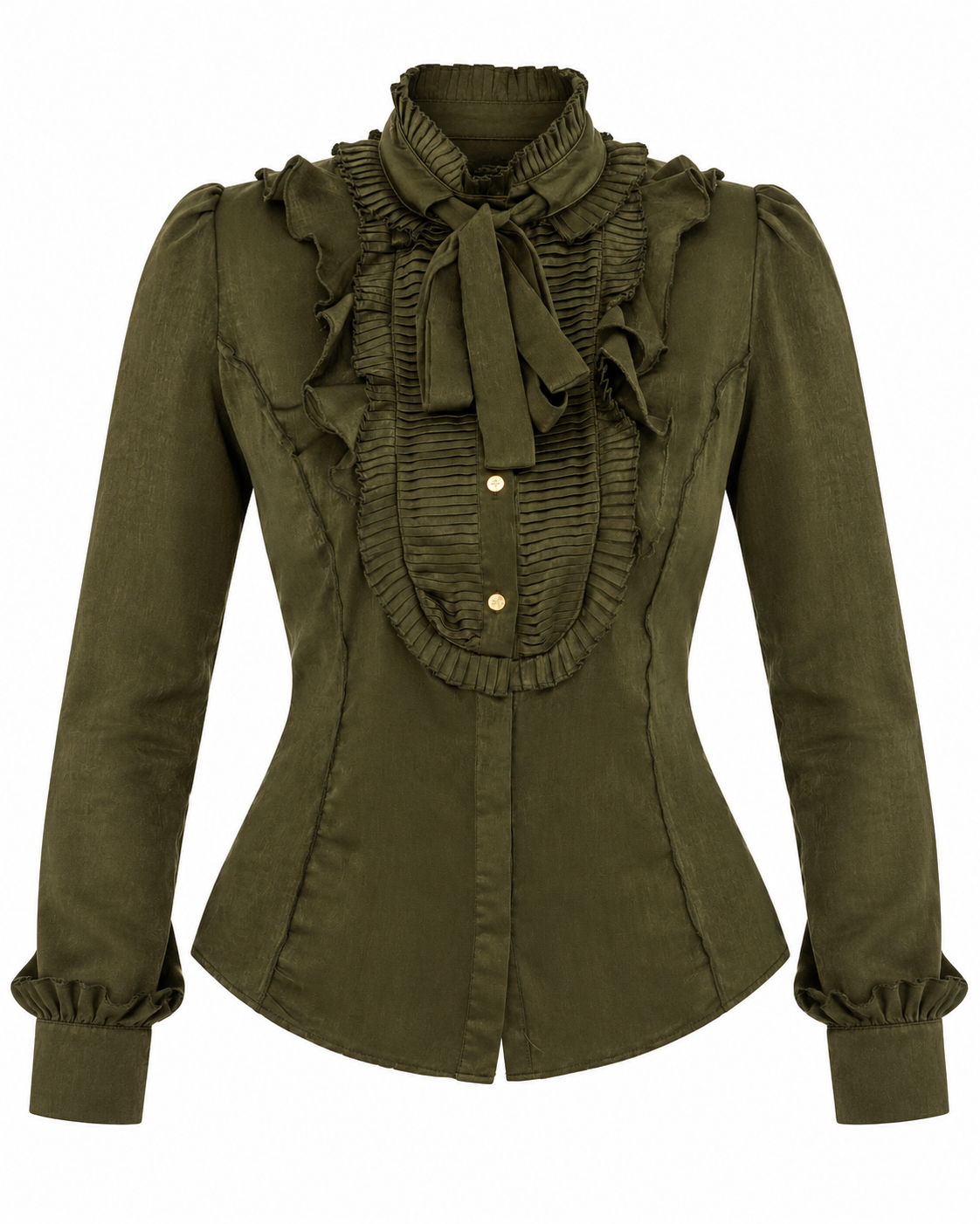 Goldie Estelle Olive Green Long Sleeve Shirt Ruffle Bow Blouse – M