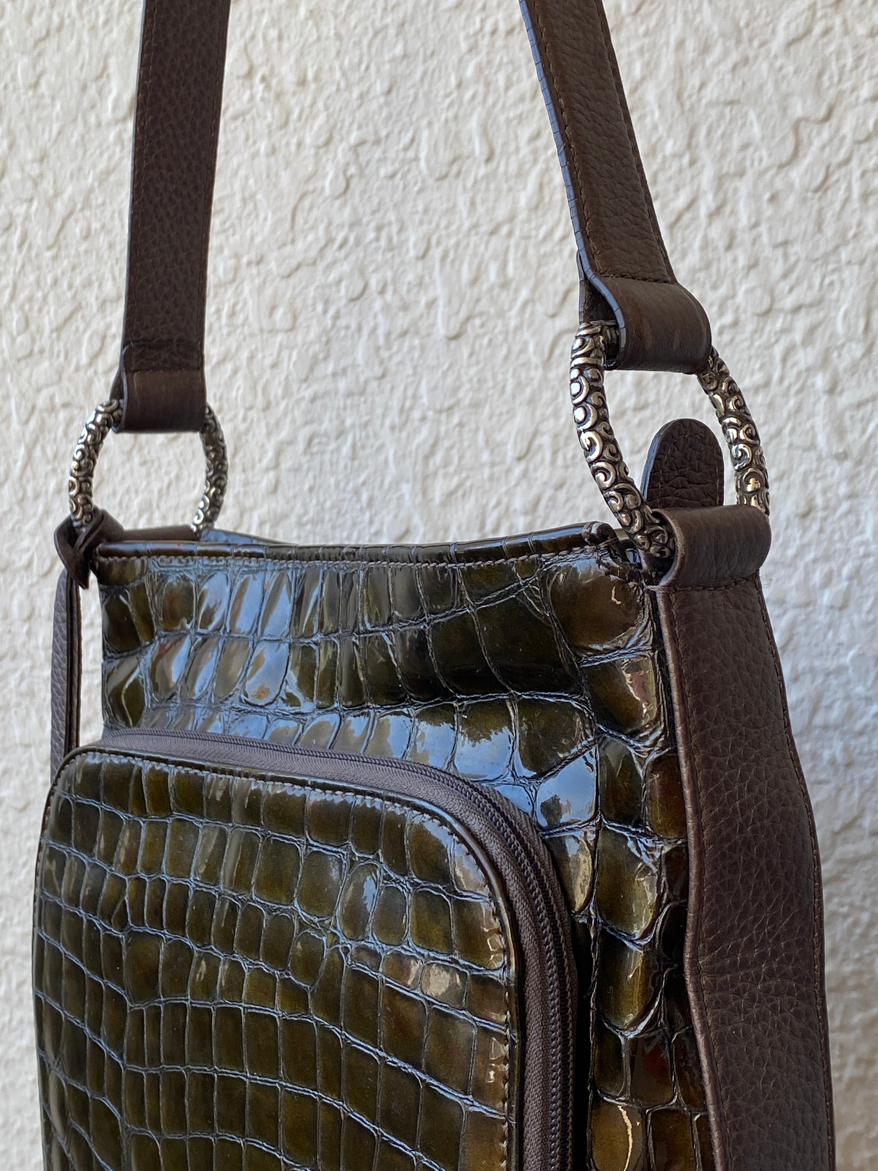 Vintage Brighton Olive Brown Croc Embossed Patent Shoulder Bag