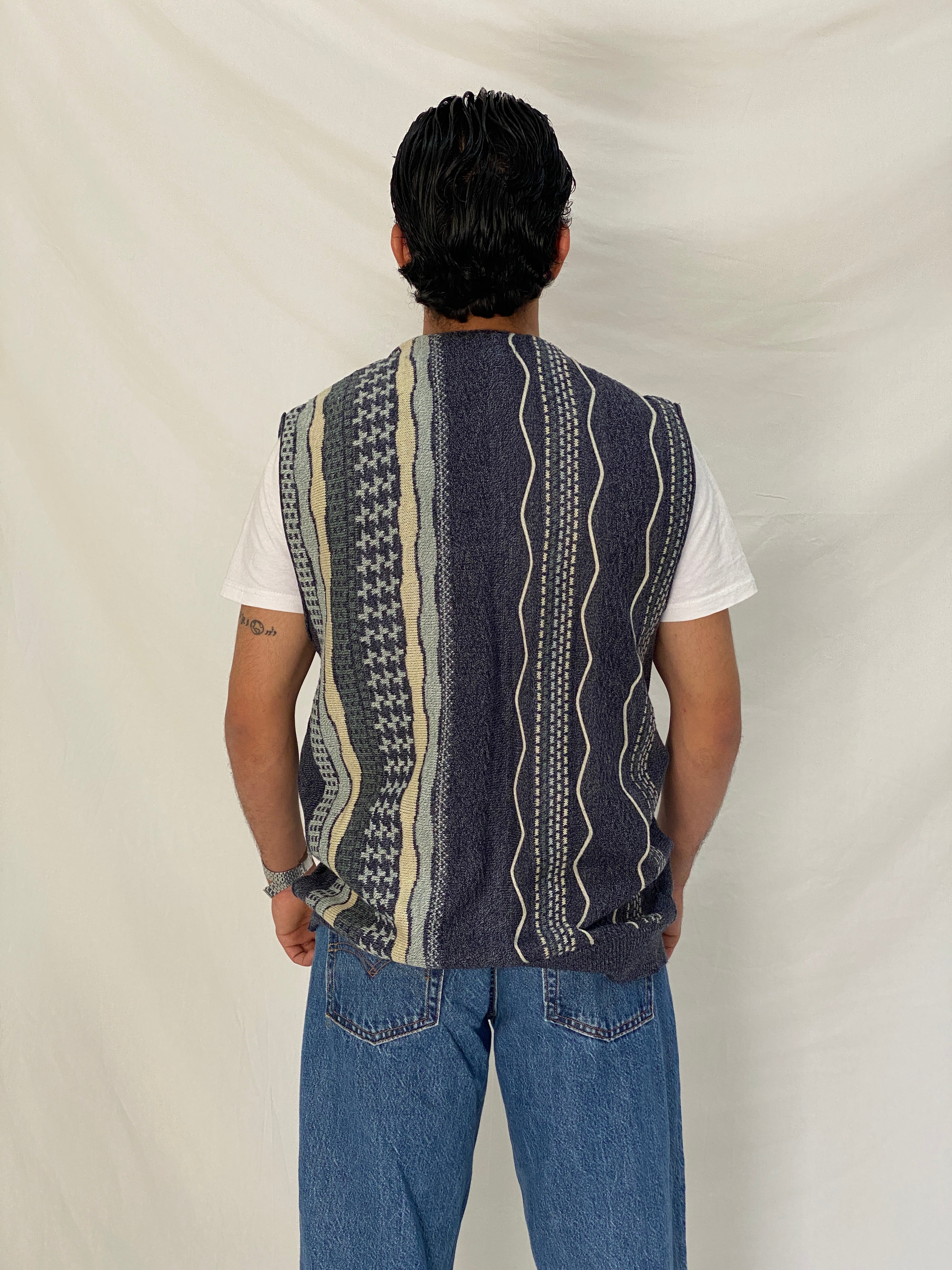 Vintage 90s تريكو Navy Patterned Knit Sweater Vest Cardigan - M