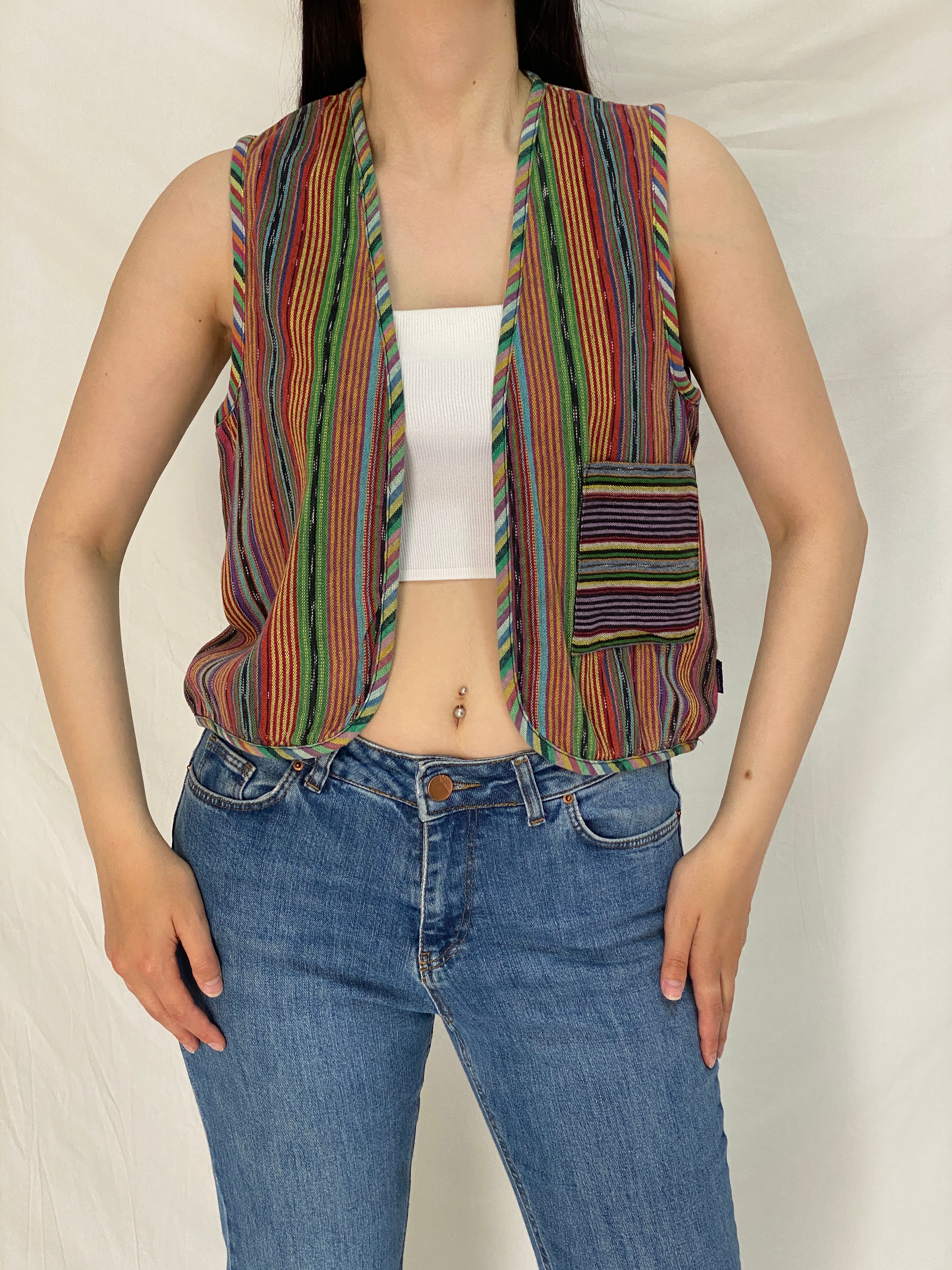 Vintage Esprit Cotton Striped Vest Rainbow Hippie Festival Open Front Waistcoat – M
