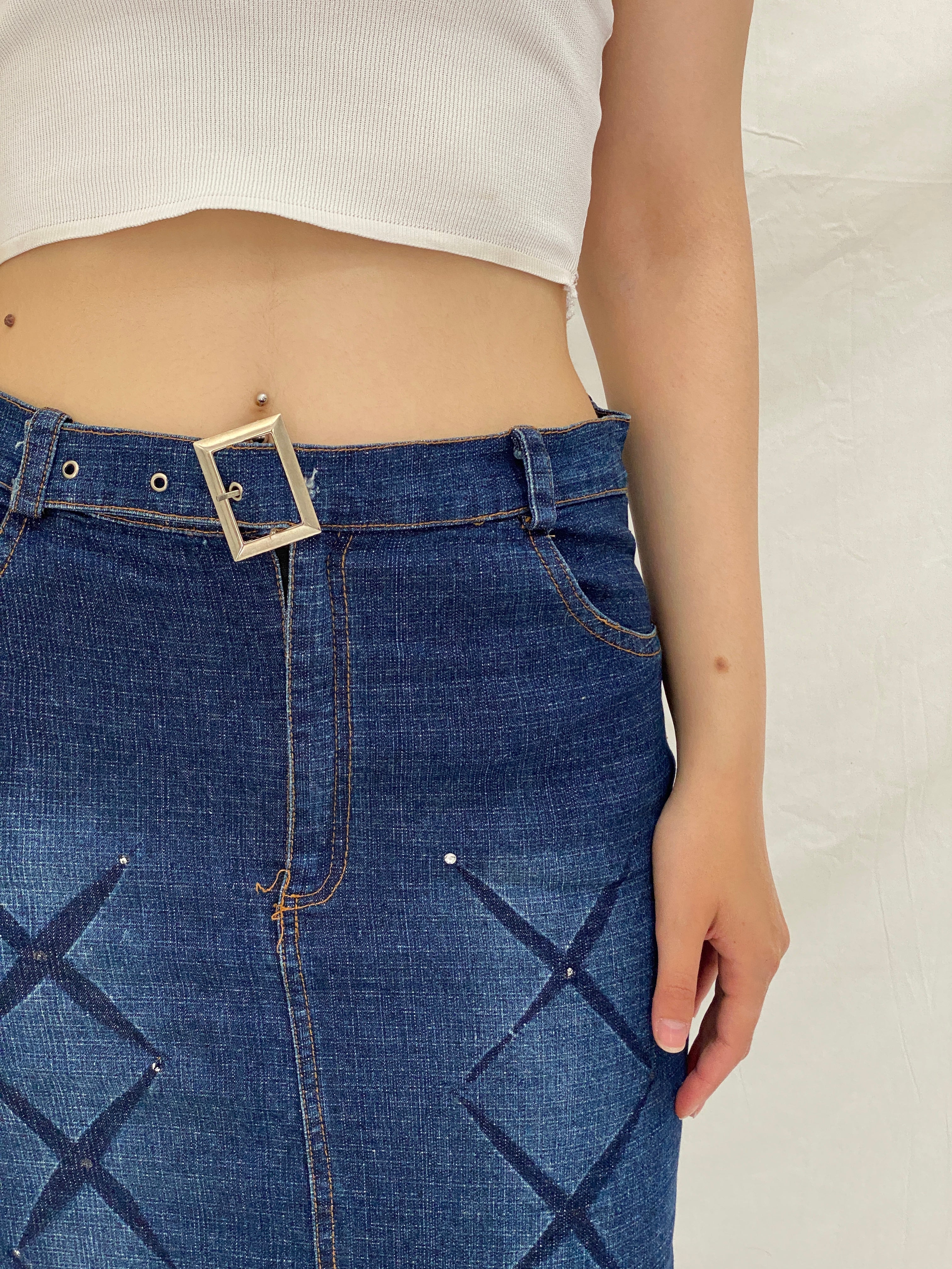 Vintage Y2K Stretch Denim Maxi Skirt Blue Belted Jean Skirt – M
