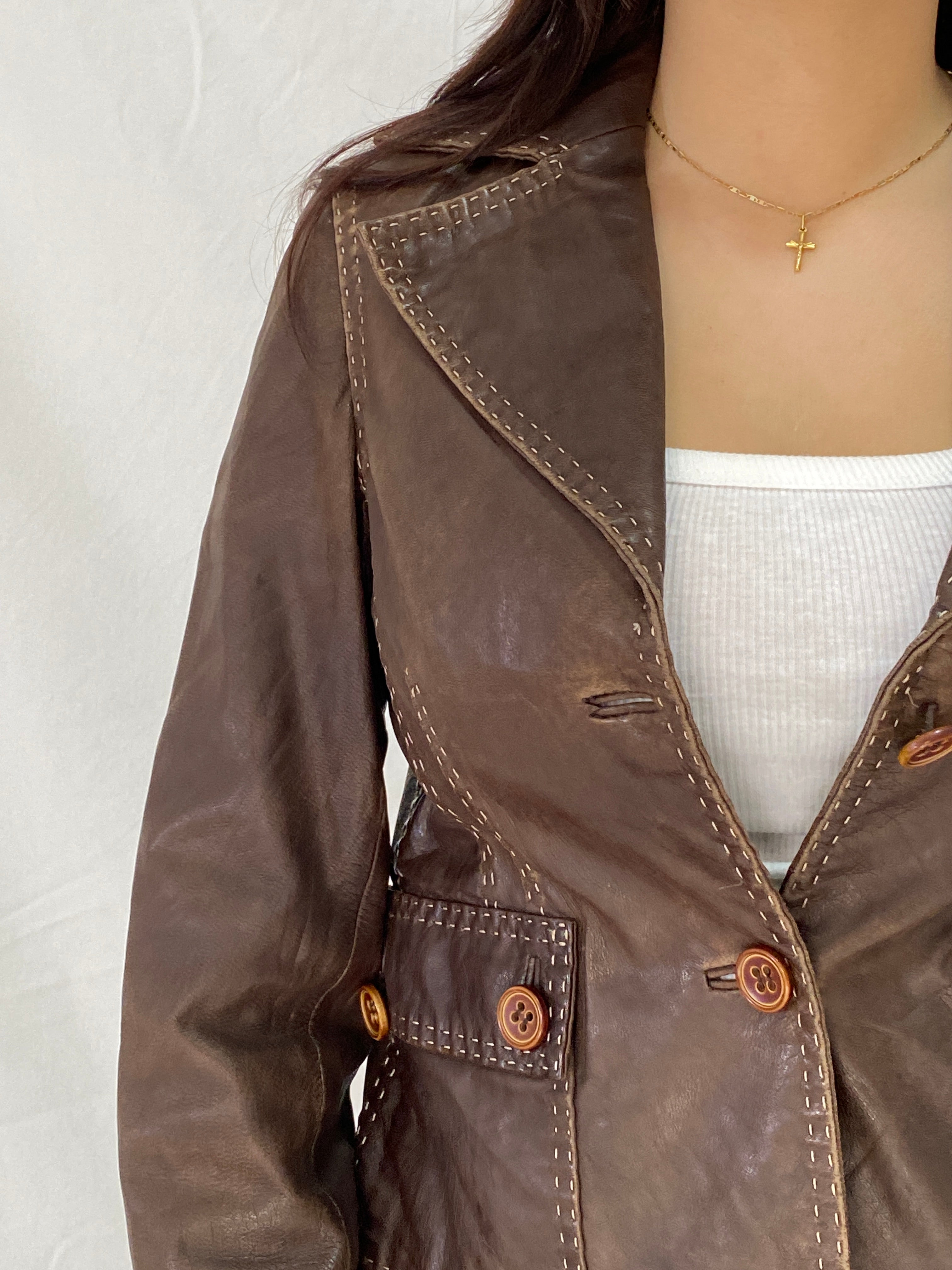 Vintage Brown Genuine Leather Tailored Blazer Jacket with Contrast Stitching – M