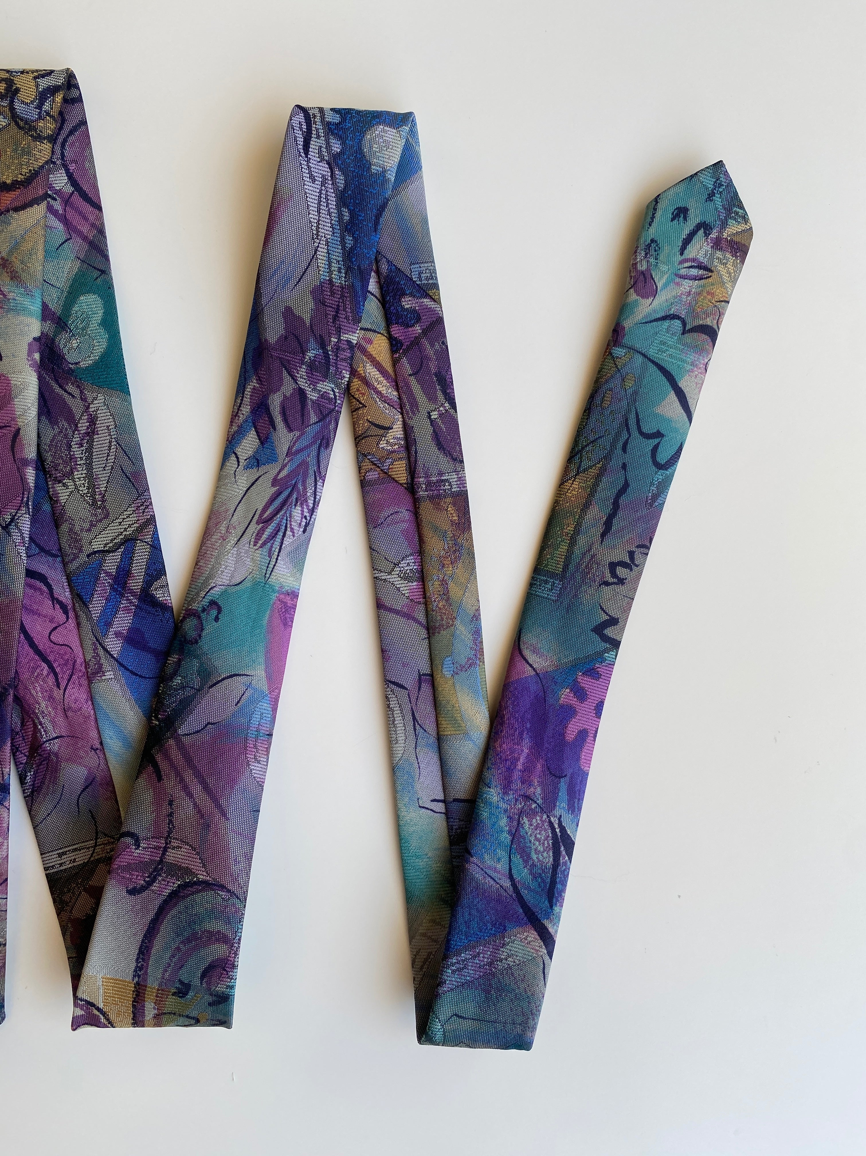 Vintage 1990s Purple Teal Abstract Floral Polyester Wide Necktie
