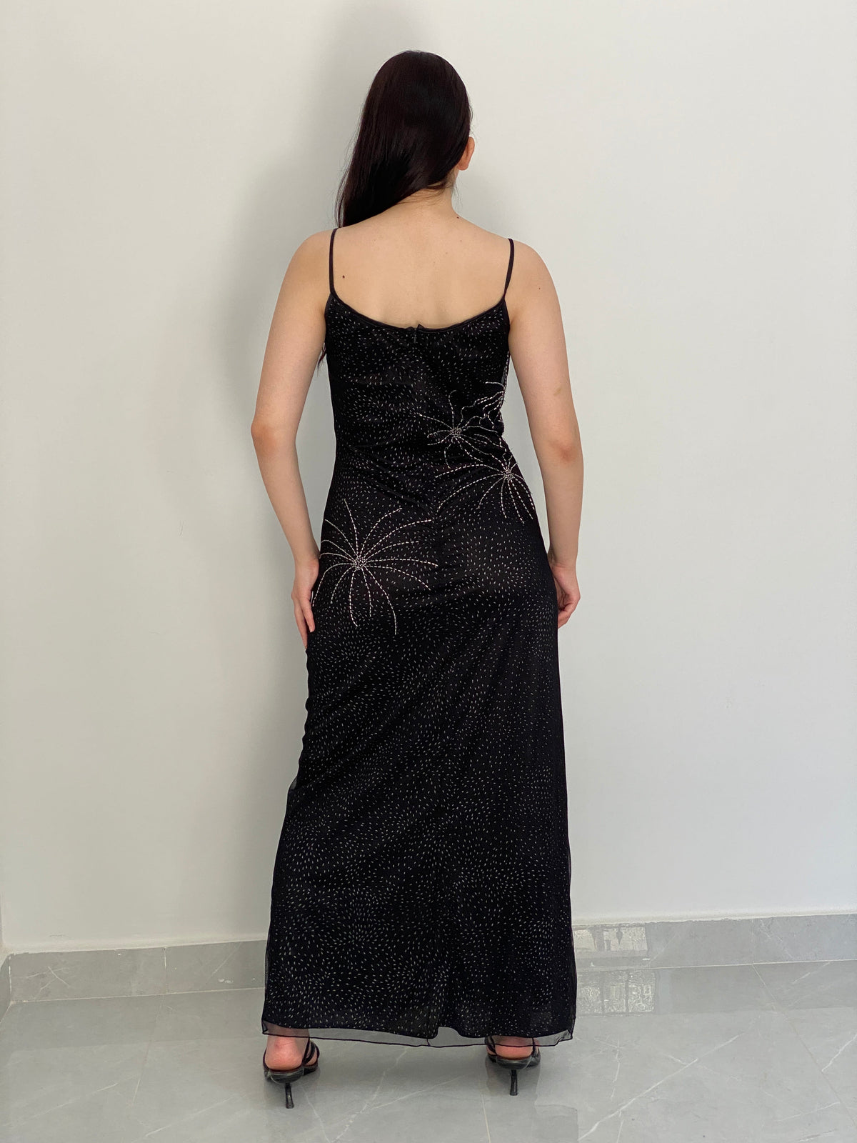 Vintage 90s Brilliante by J.A. Black Beaded Floral Mesh Maxi Slip Dress - S
