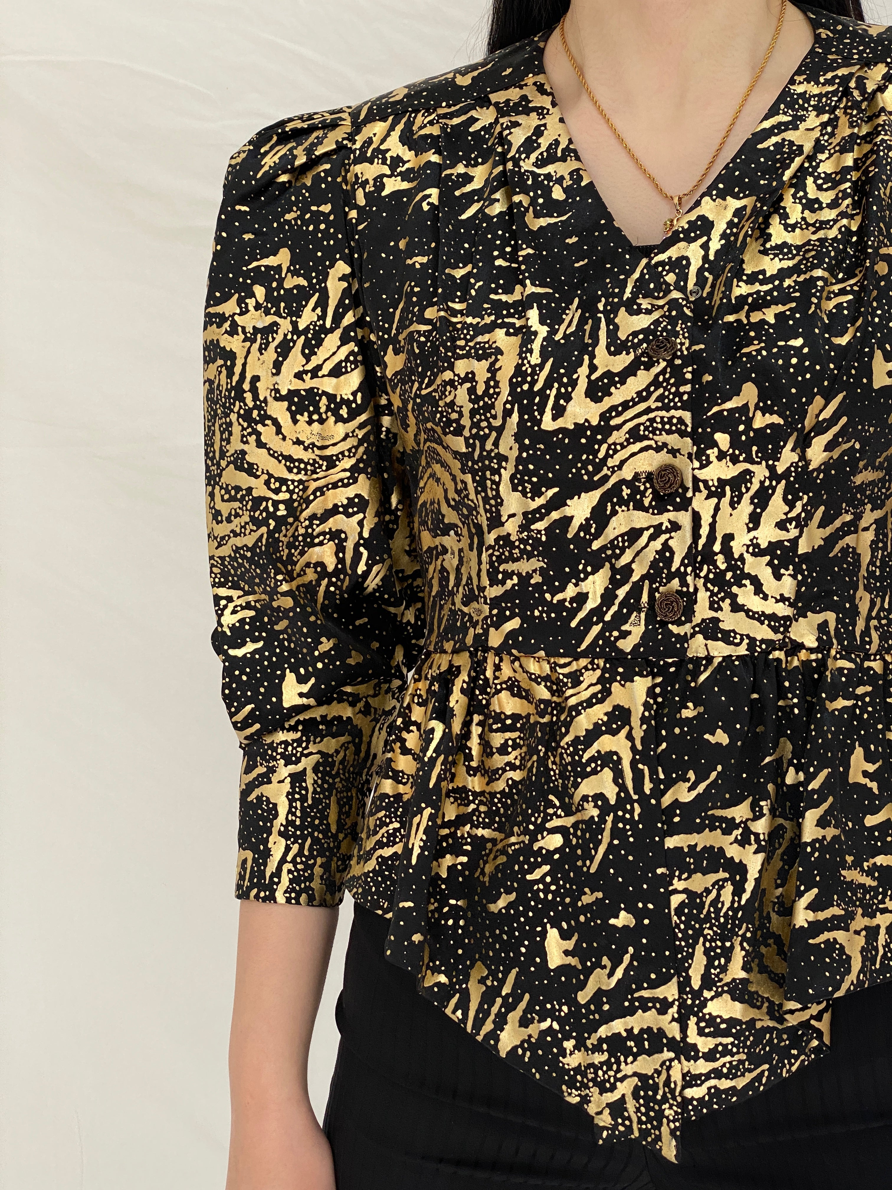 Vintage Black & Gold Abstract Print Peplum Blouse with Puff Sleeves - S