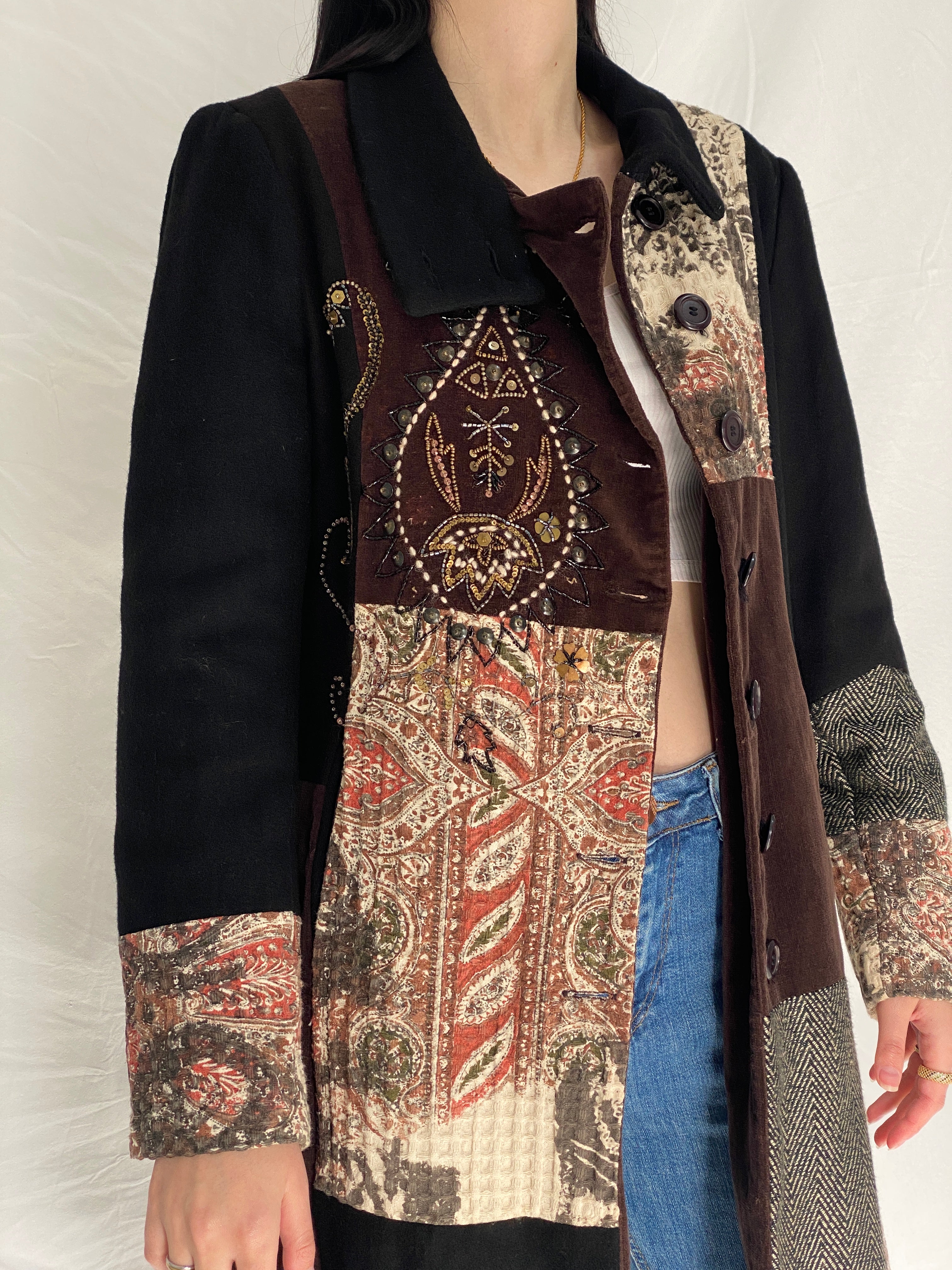 Vintage Derhy Patchwork Coat Bohemian Embroidered Artistic Long Coat 90s 00s Statement Jacket - M